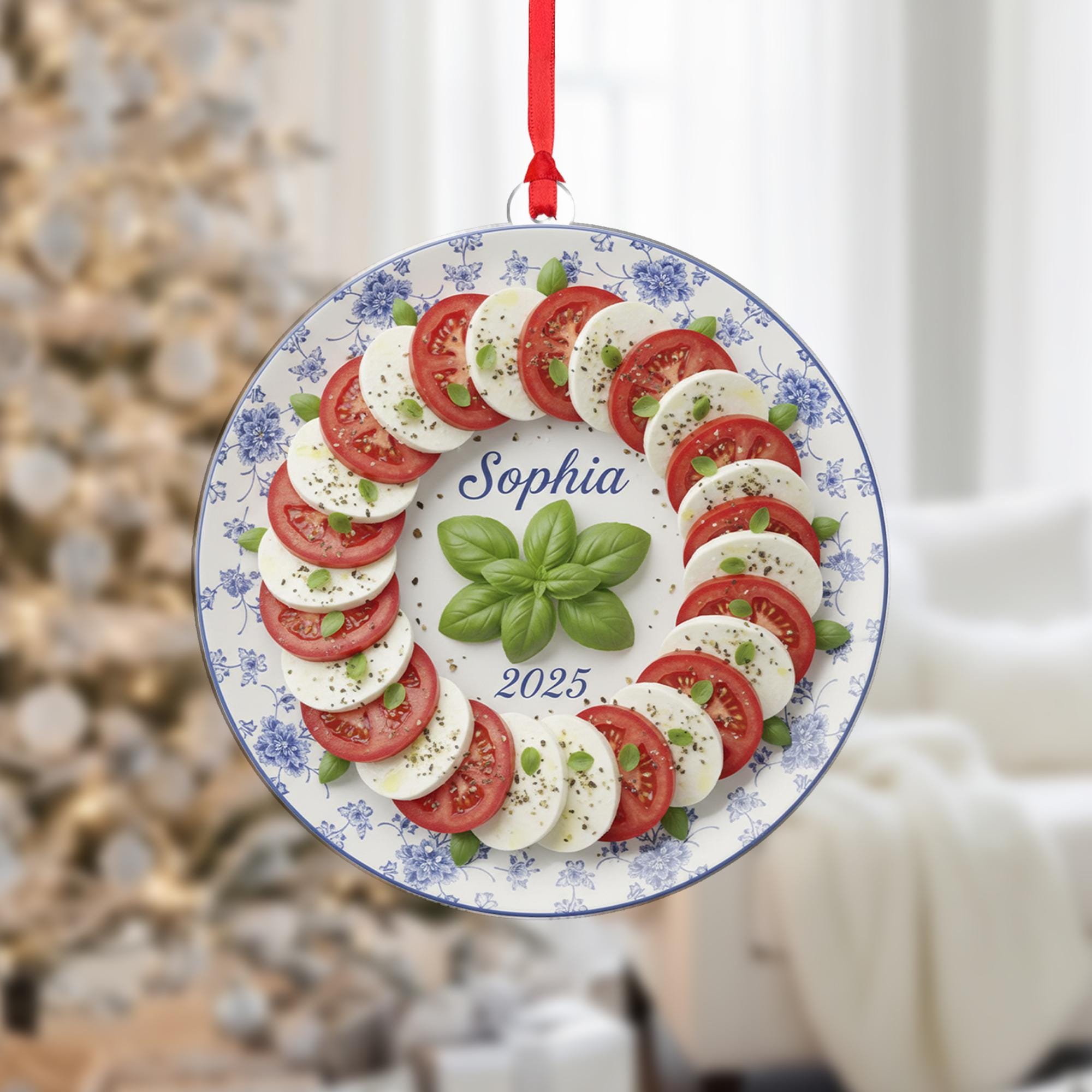 Personalized Caprese Salad Ornament, Italian Food Wreath Keepsake, Custom Name 2025, Blue Floral Plate image 2