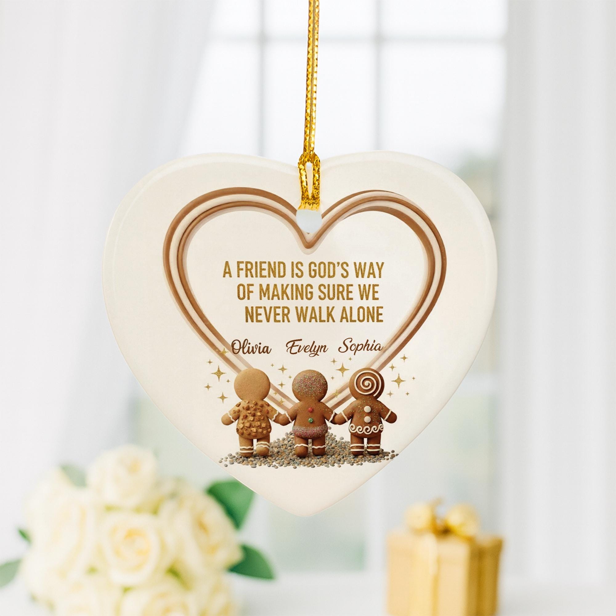 Personalized Gingerbread Friend Ornament, Ceramic Heart Keepsake, Custom Names, Religious Friendship Quote image 1