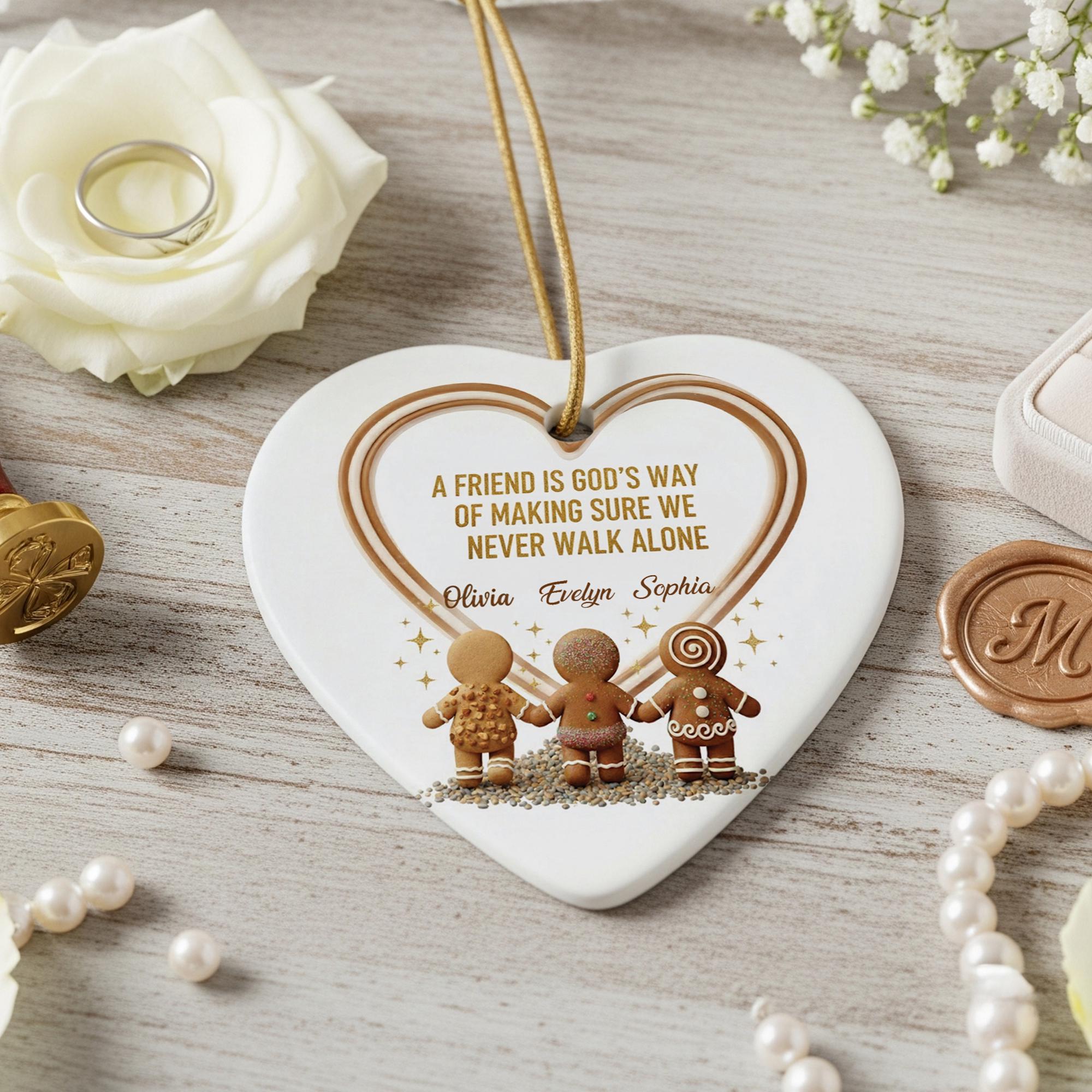 Personalized Gingerbread Friend Ornament, Ceramic Heart Keepsake, Custom Names, Religious Friendship Quote image 2