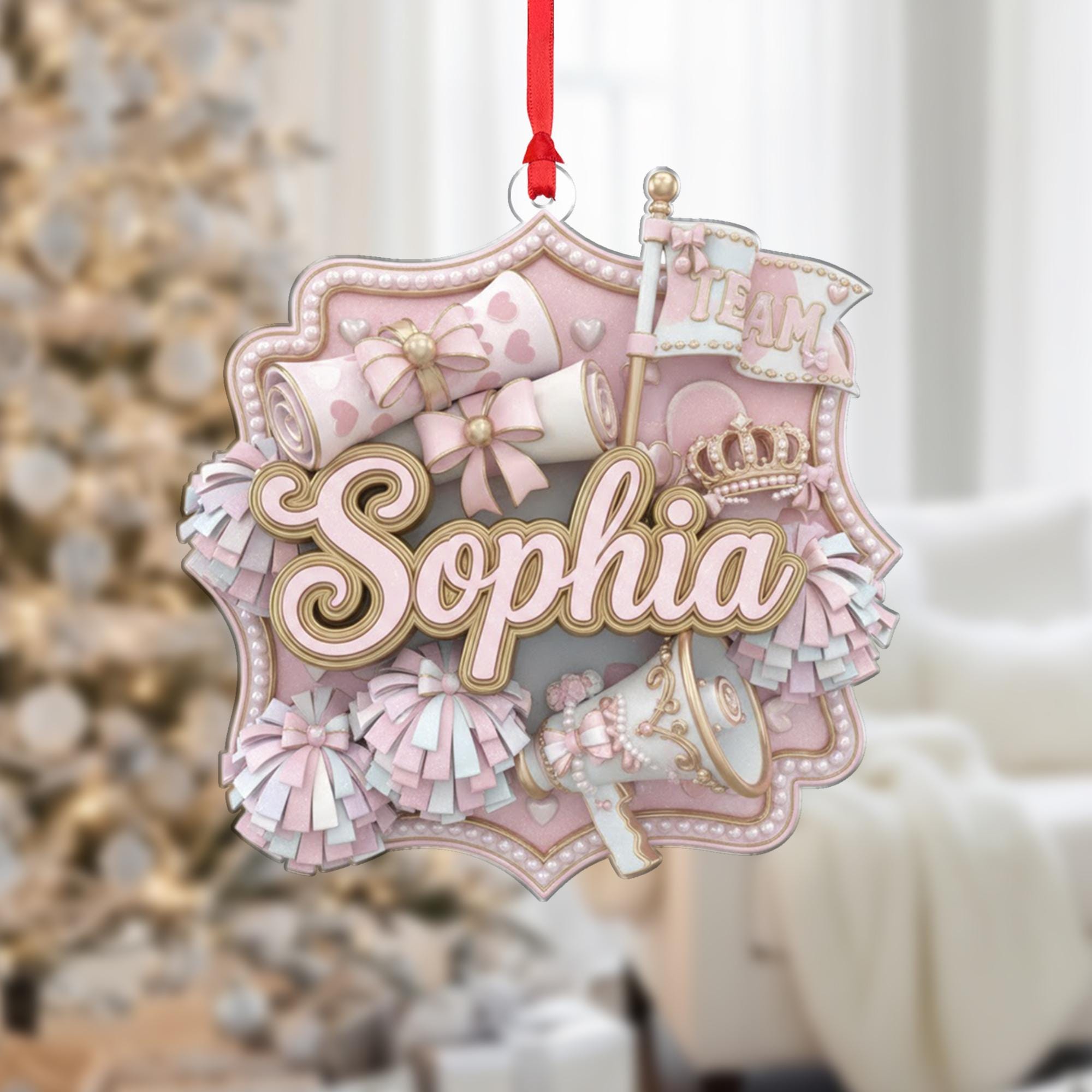 Personalized Cheerleader Ornament, Pink Coquette Keepsake, Custom Name, Pom-pom and Megaphone Decor image 2
