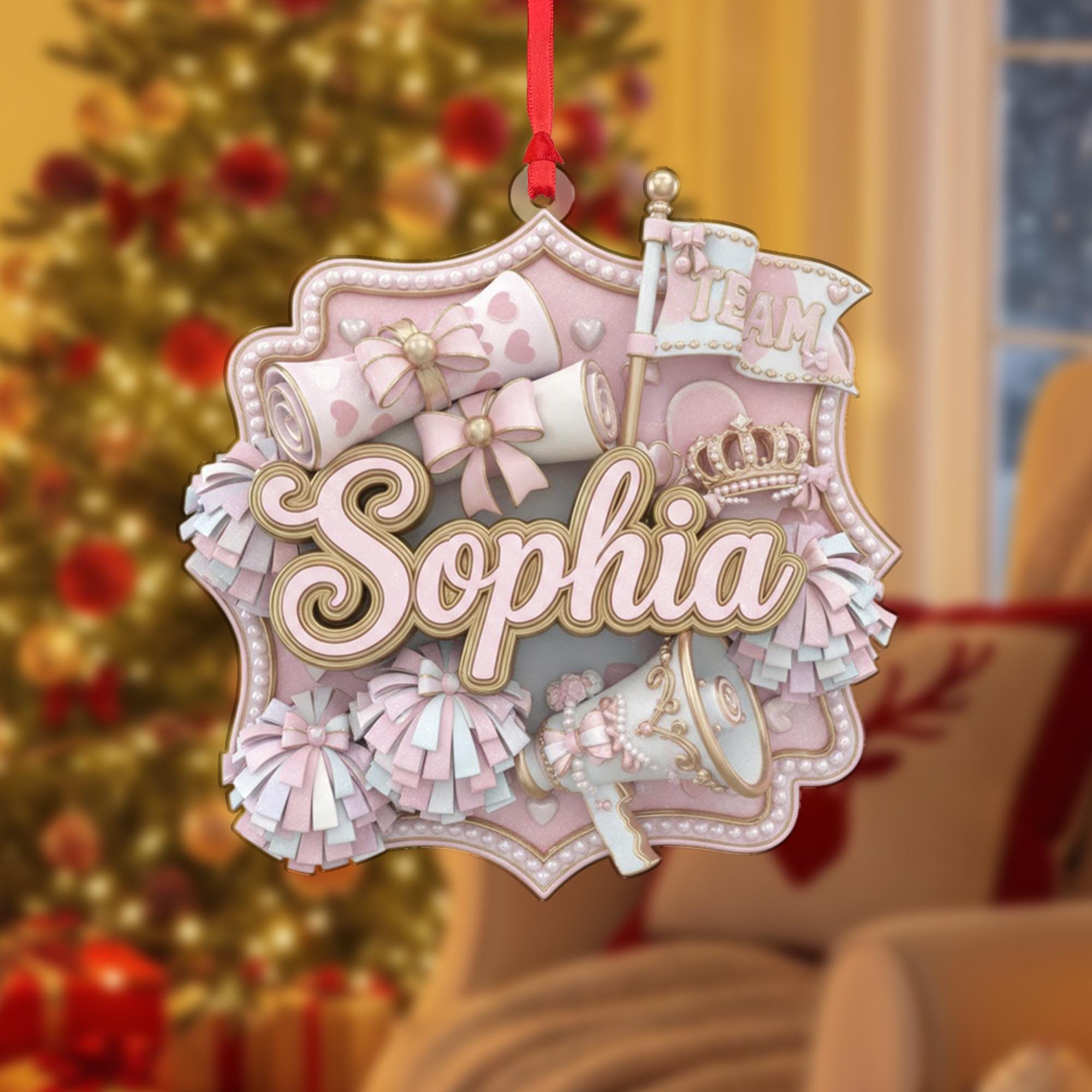 Personalized Cheerleader Ornament, Pink Coquette Keepsake, Custom Name, Pom-pom and Megaphone Decor image 1