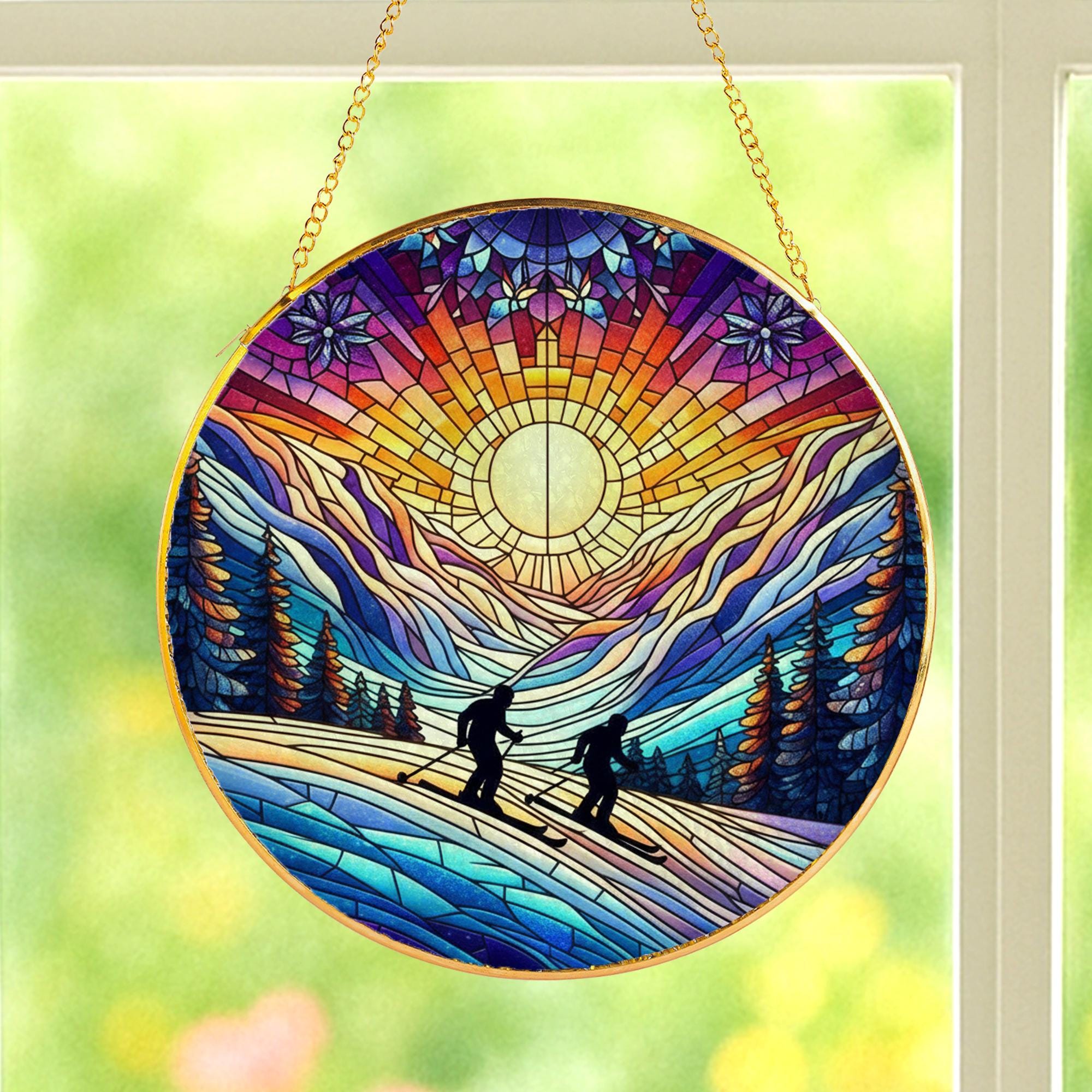 Custom Skiing Couple Glass Suncatcher: Gold Frame Sun Catcher image 1