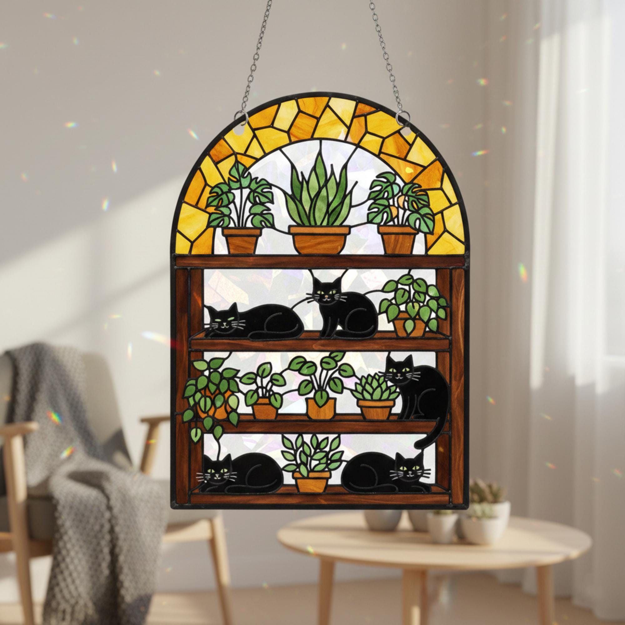 Cat and Plant Holographic Acrylic Suncatcher: Hanging Window Decor image 1