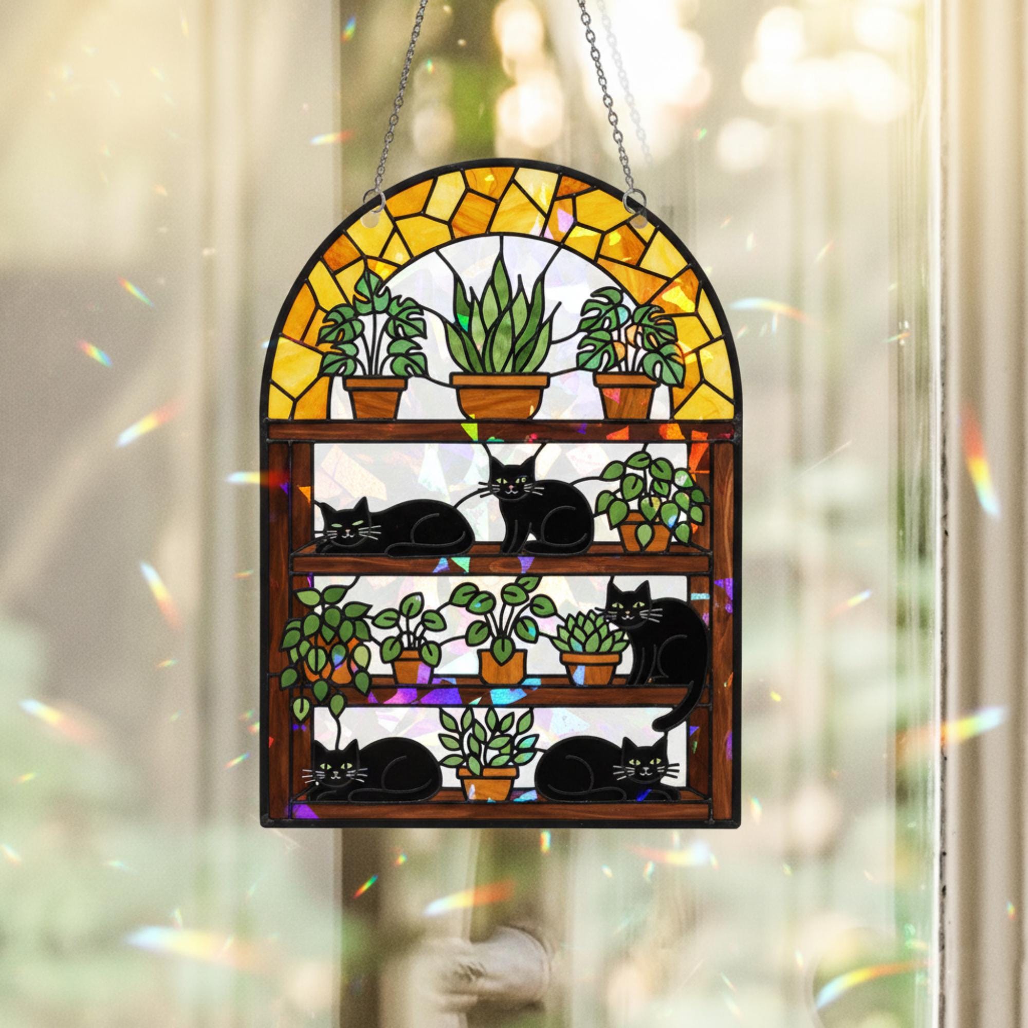 Cat and Plant Holographic Acrylic Suncatcher: Hanging Window Decor image 2