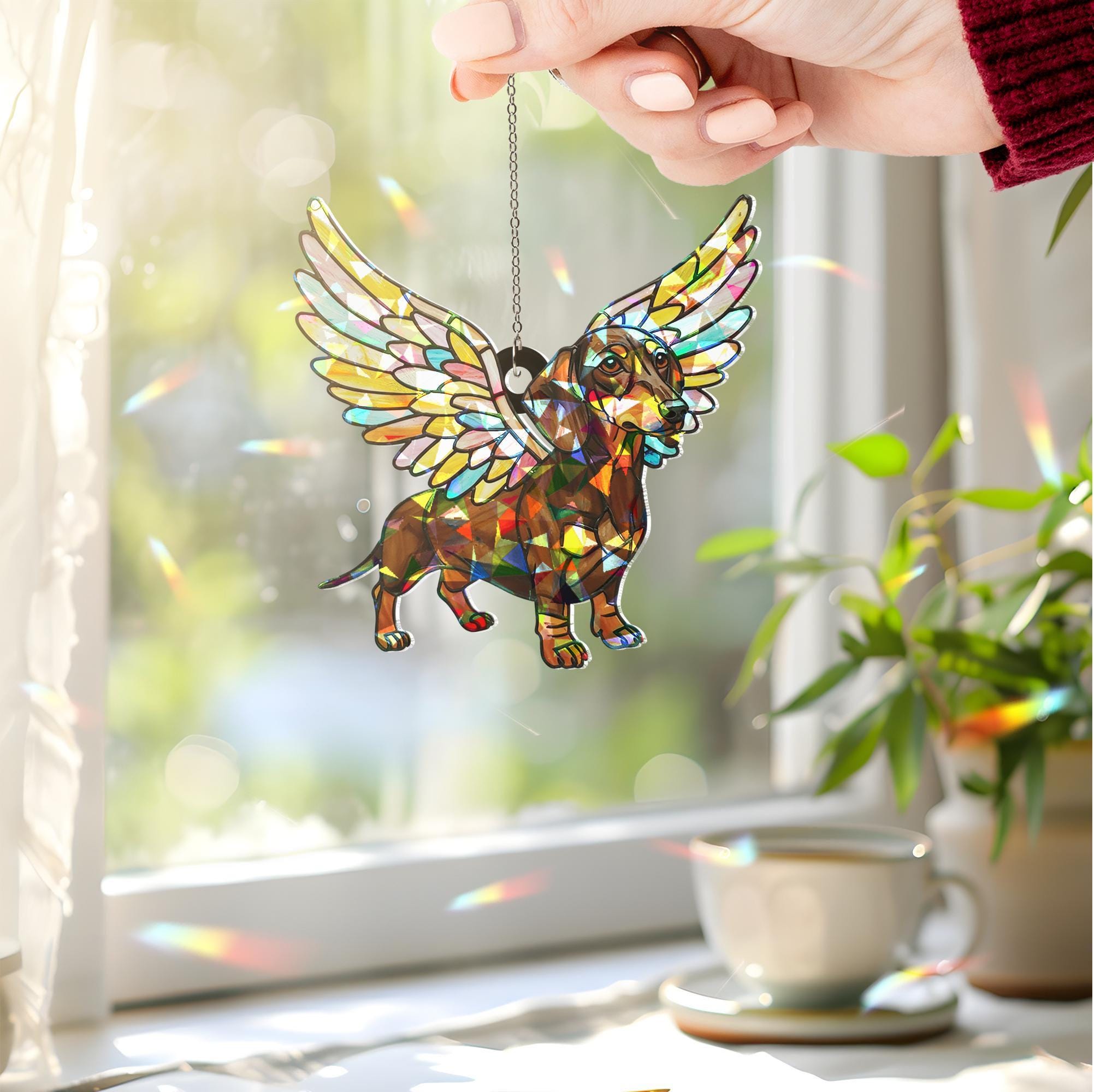 Hologram Dachshund Angel Acrylic Window Hanging: Dog Memorial Decor image 1
