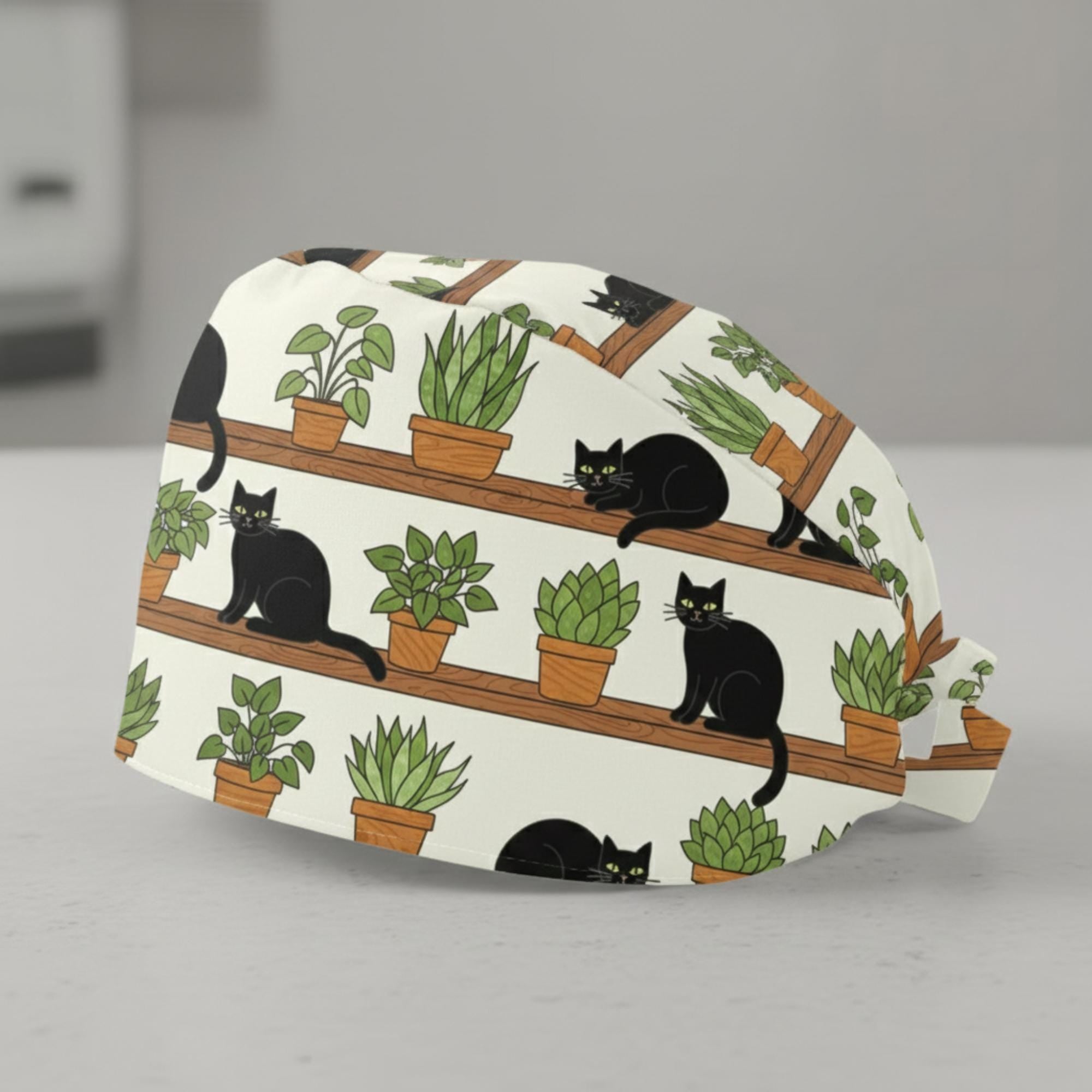 Cat and Plant Scrub Cap: Black Cat Print Surgical Hat image 2
