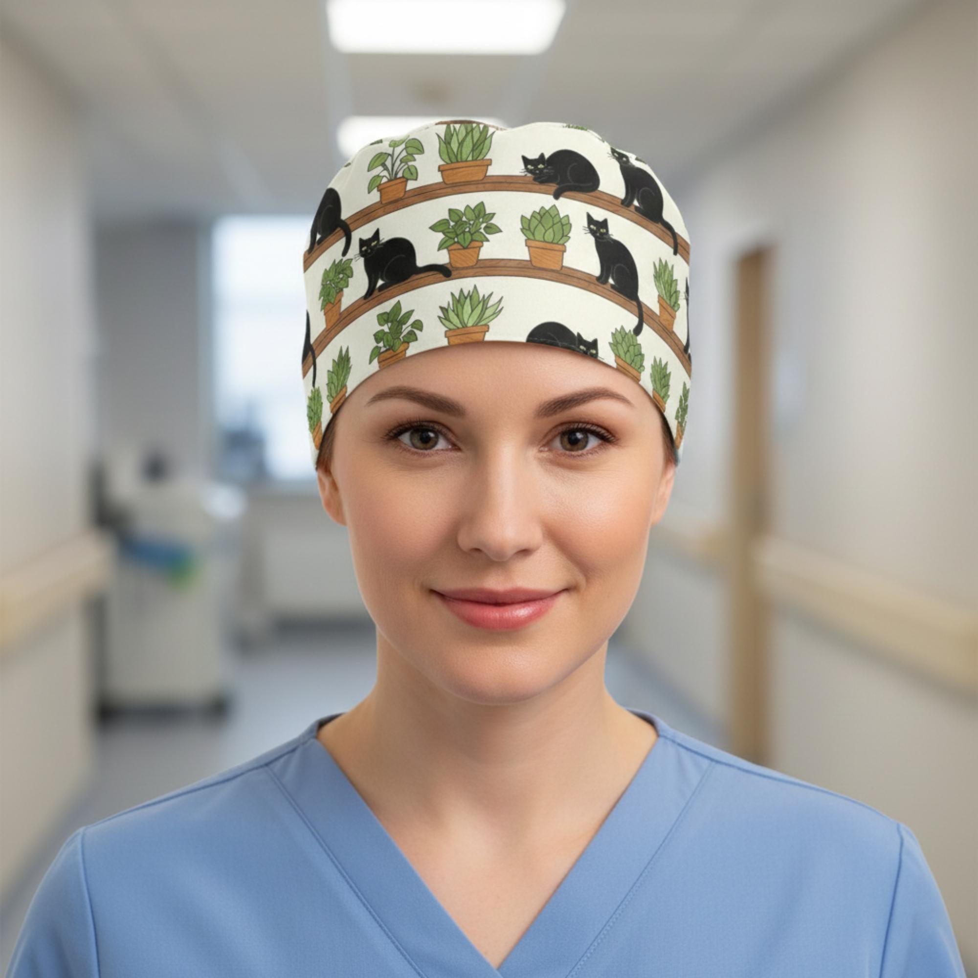 Cat and Plant Scrub Cap: Black Cat Print Surgical Hat image 1