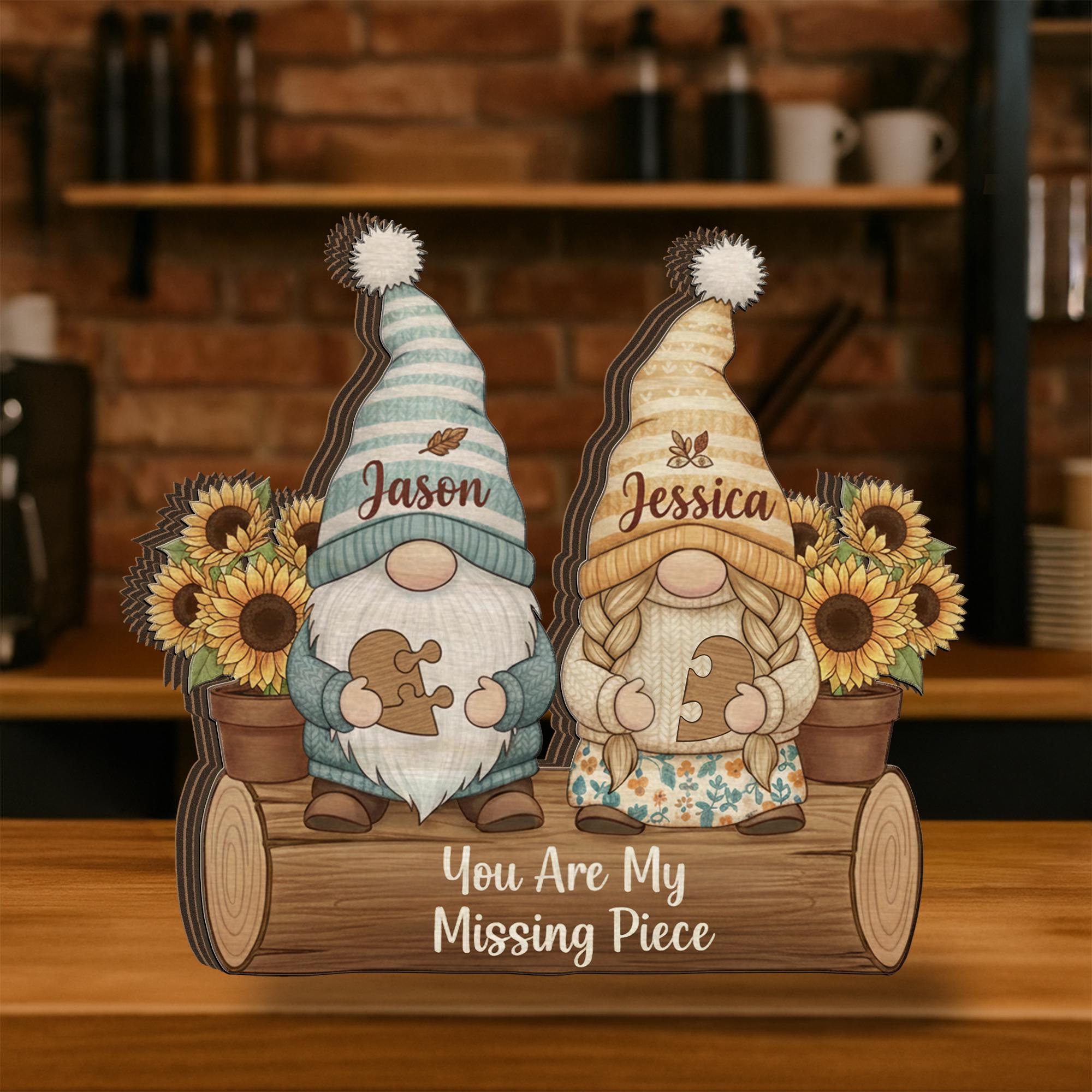 Custom Gnome Couple Wooden Block Decor: Personalized Puzzle Piece Gnome Sign image 1