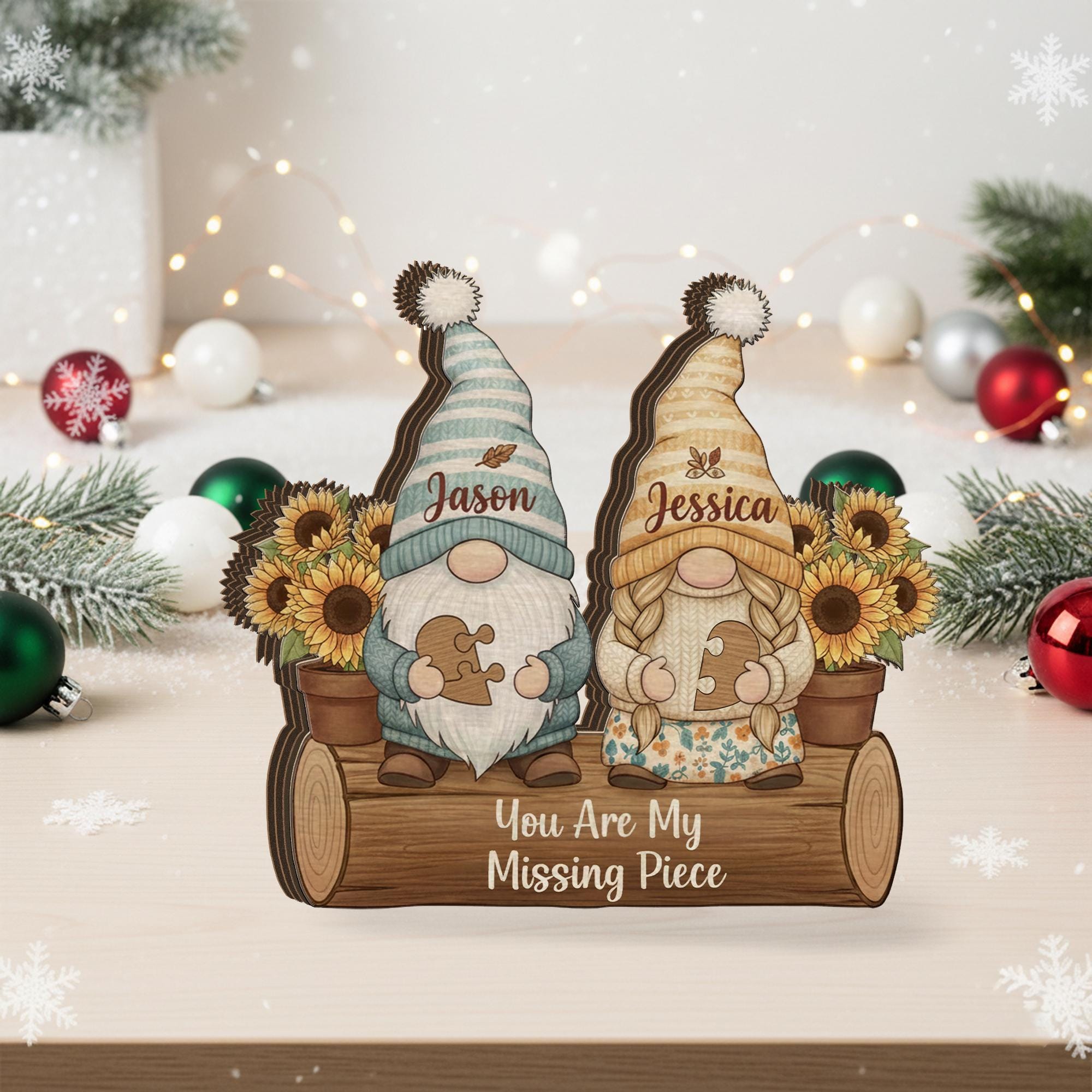 Custom Gnome Couple Wooden Block Decor: Personalized Puzzle Piece Gnome Sign image 2