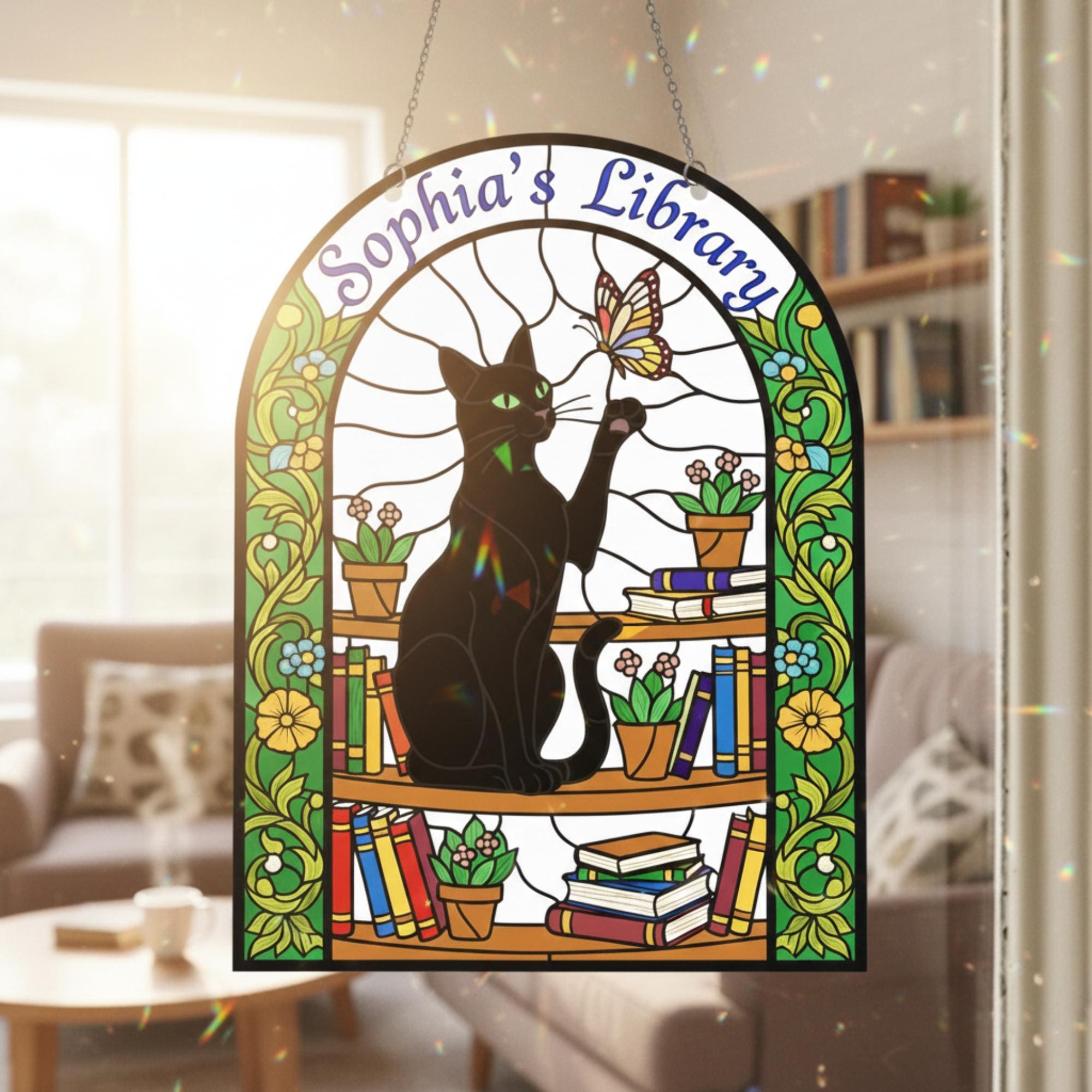 Custom Book Cat Holographic Acrylic Suncatcher: Personalized Window Art image 1