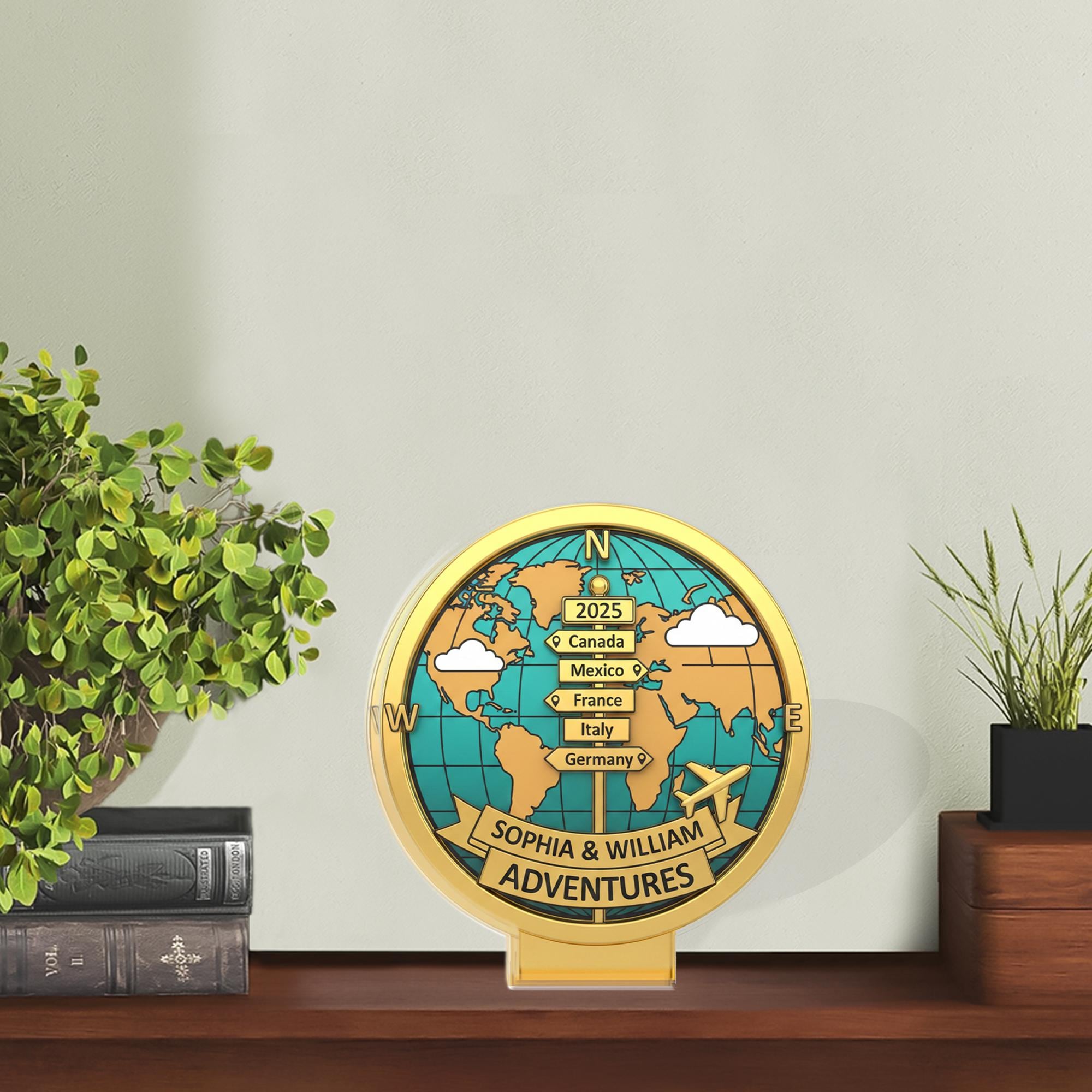 Personalized Travel Map Acrylic Block, Globe Signpost Plaque, Custom Names Year Destination Decor image 1