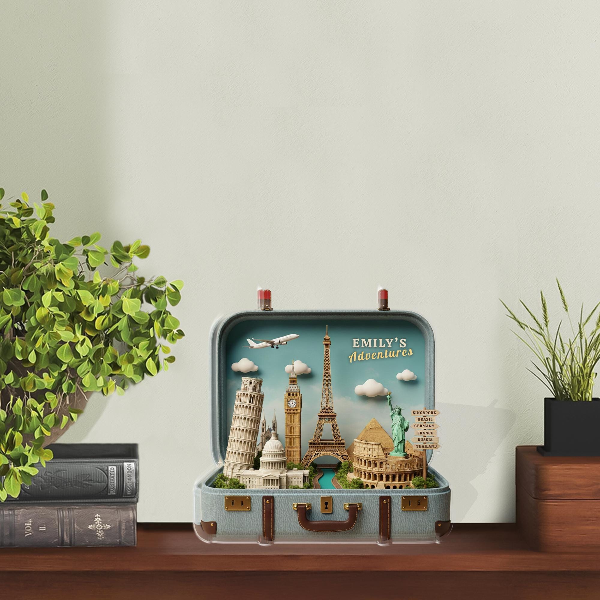 Personalized Landmark Acrylic Block, Suitcase Diorama Plaque, Custom Name World Monument Decor image 2