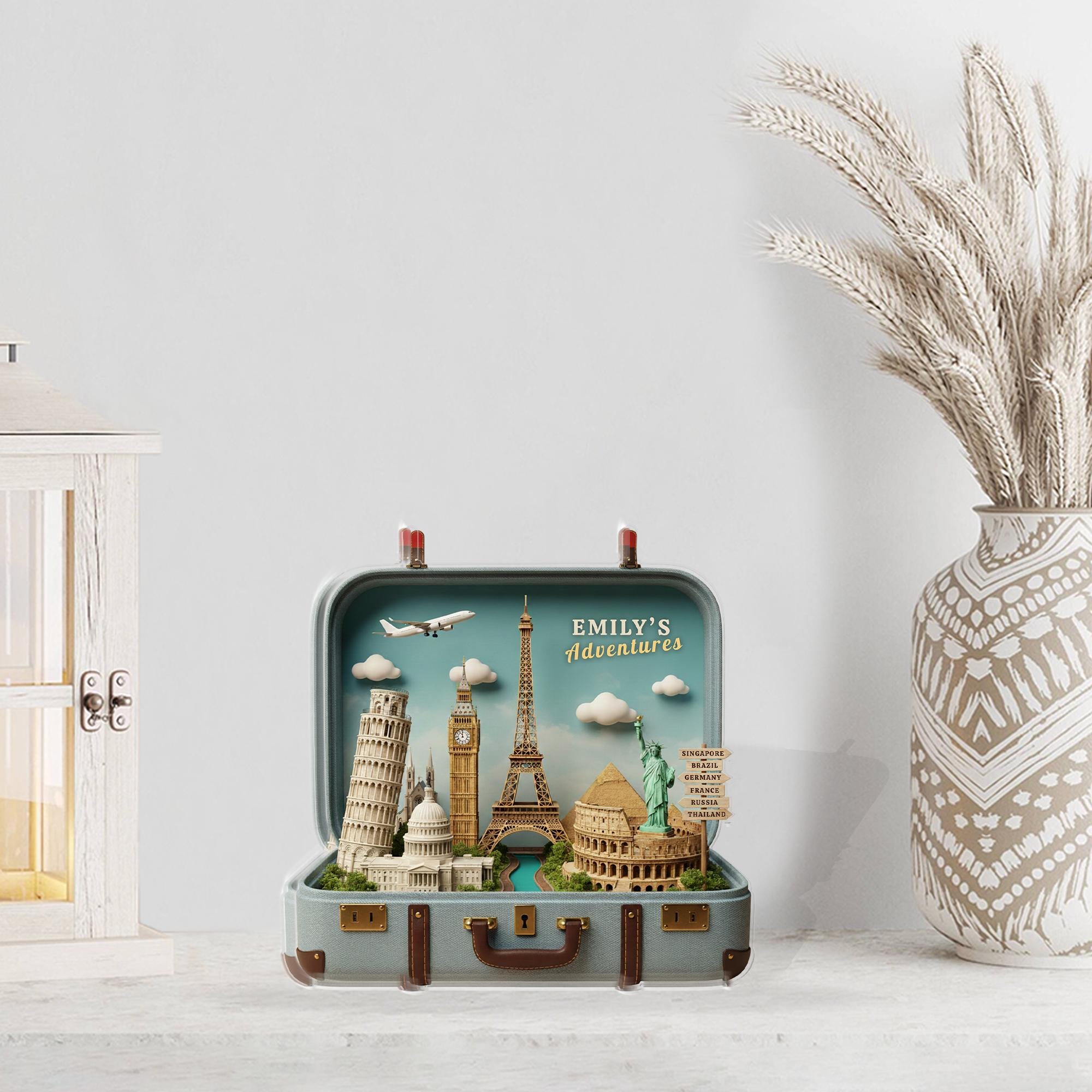 Personalized Landmark Acrylic Block, Suitcase Diorama Plaque, Custom Name World Monument Decor image 1