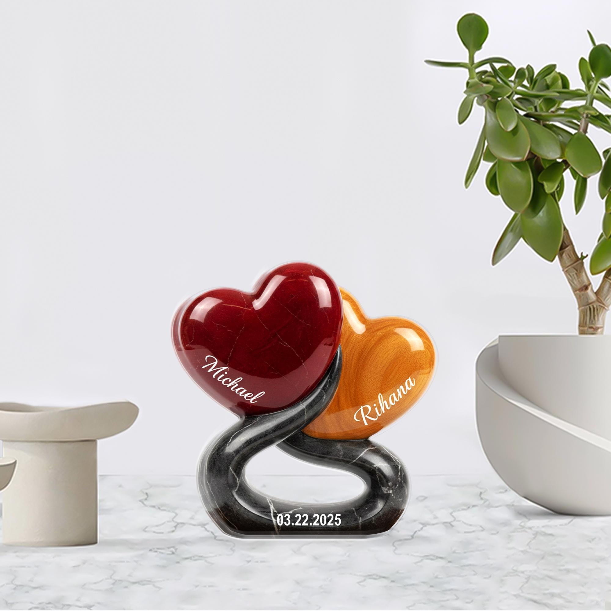 Personalized Heart Acrylic Block, Interlocking Hearts Plaque, Custom Names Date Decor image 2