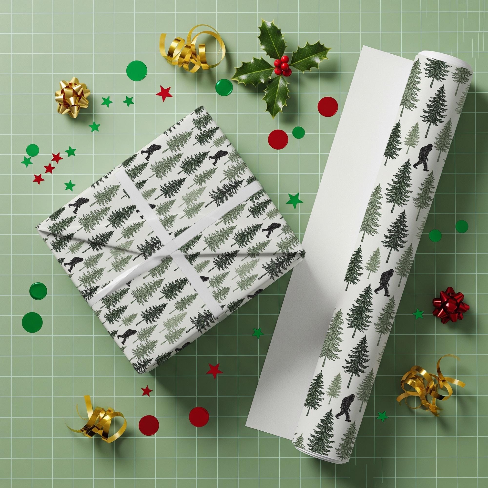 Christmas Wrapping Paper Roll, Bigfoot Pine Tree Pattern, Christmas Gift Wrap image 1
