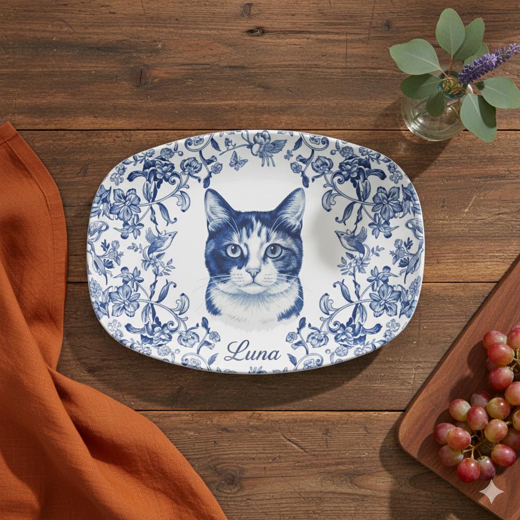 Custom Cat Portrait Chinoiserie Style Platter with Blue Floral Border - Decor Only image 2