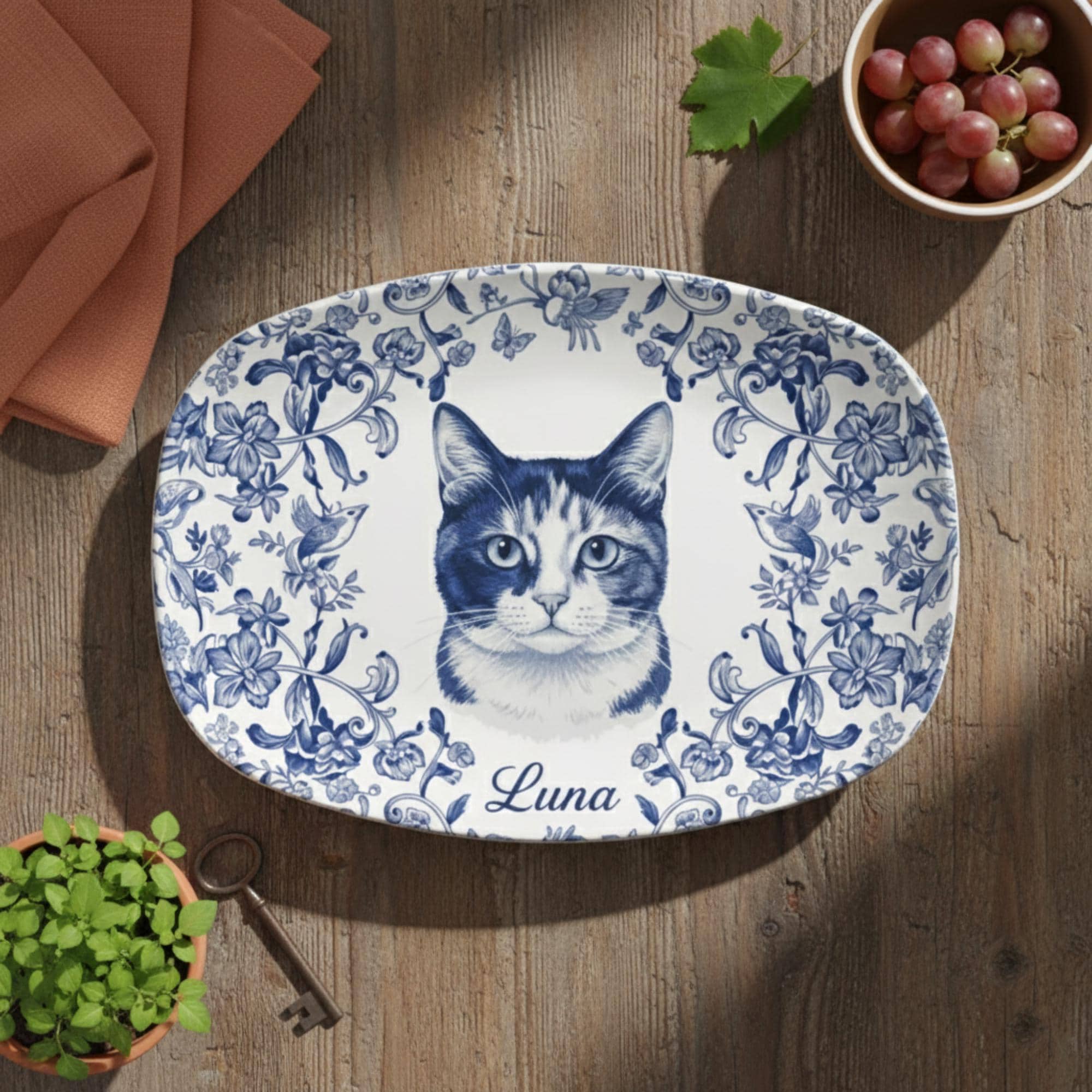 Custom Cat Portrait Chinoiserie Style Platter with Blue Floral Border - Decor Only image 1