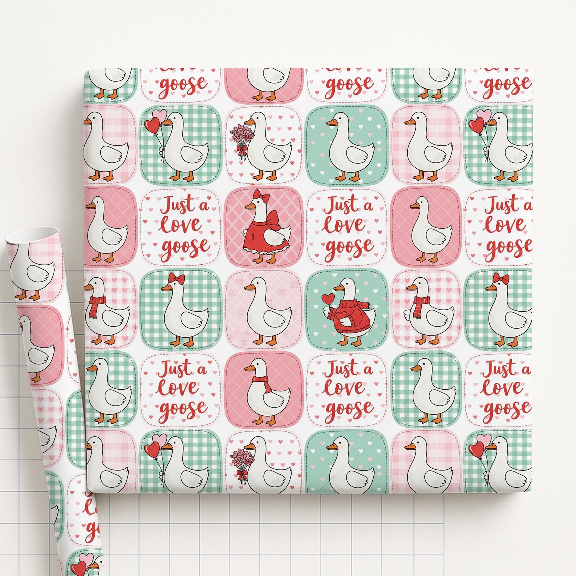 Wrapping Paper Roll, Goose Patchwork Pattern, Valentine Heart Quote Print image 2