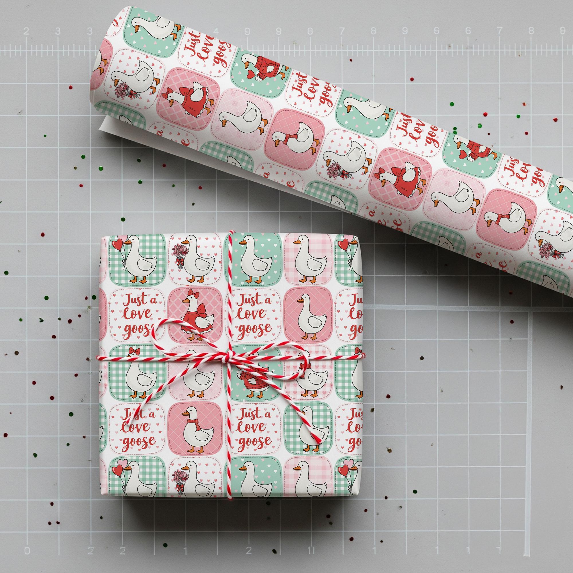 Wrapping Paper Roll, Goose Patchwork Pattern, Valentine Heart Quote Print image 1