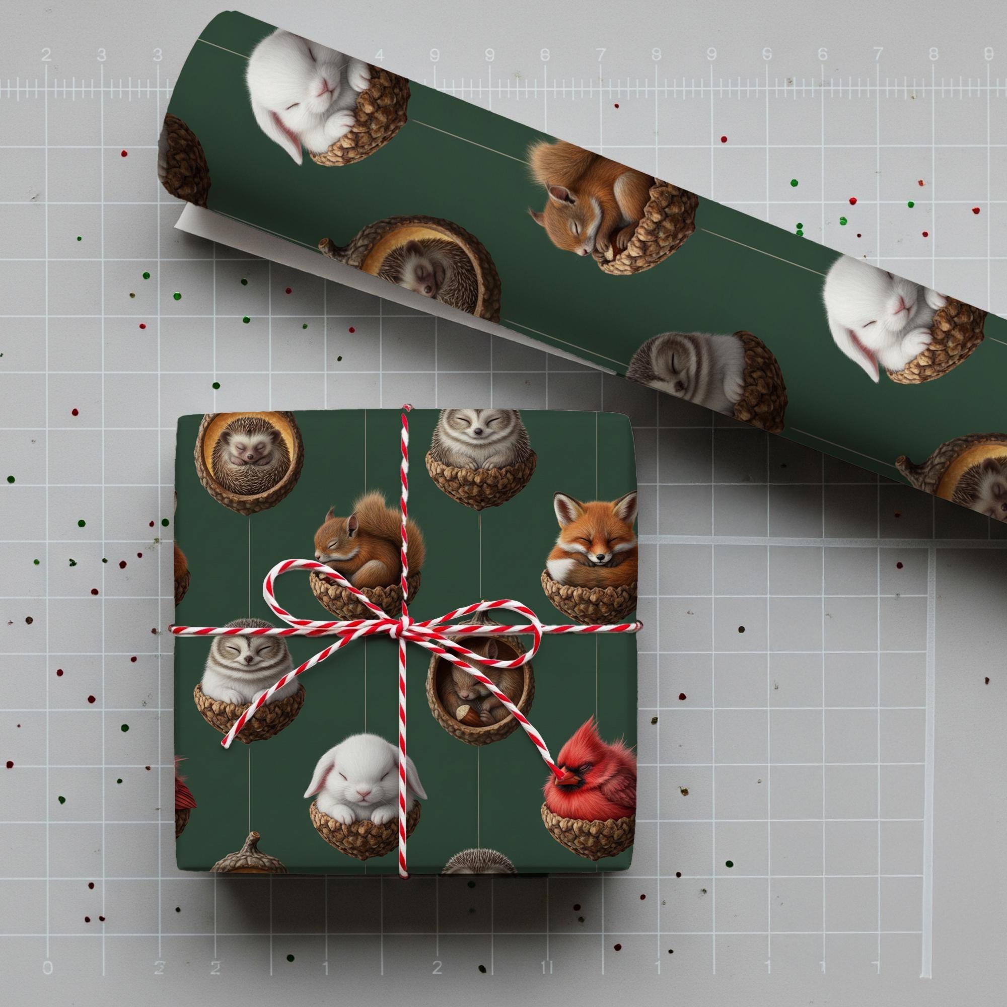 Wrapping Paper Roll, Woodland Animals in Acorns Pattern, Forest Holiday Wrap image 2