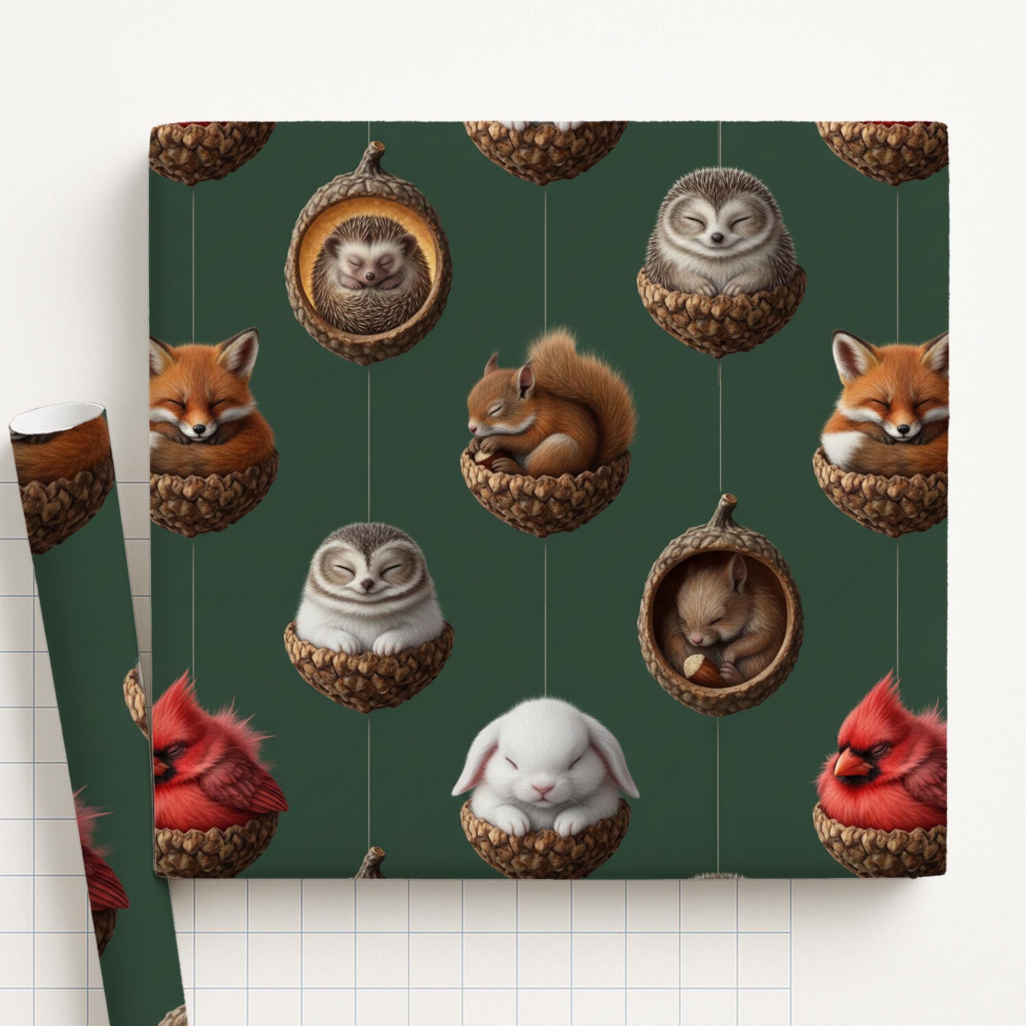 Wrapping Paper Roll, Woodland Animals in Acorns Pattern, Forest Holiday Wrap image 1