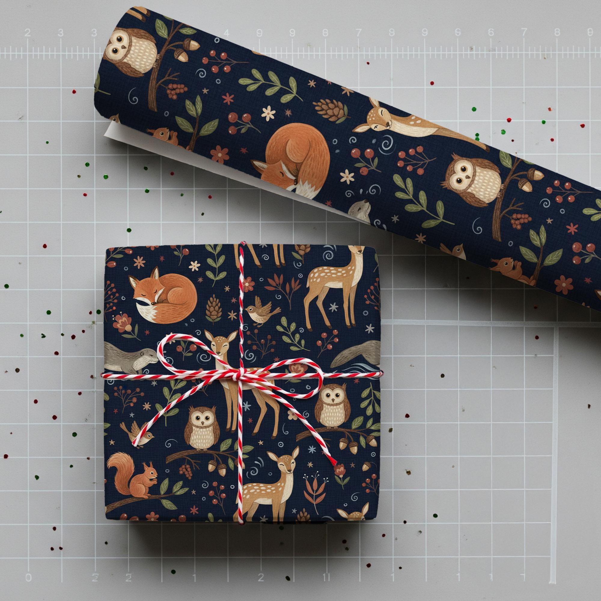 Wrapping Paper Roll, Navy Woodland Animal Pattern, Fox Deer Owl Forest Print image 1