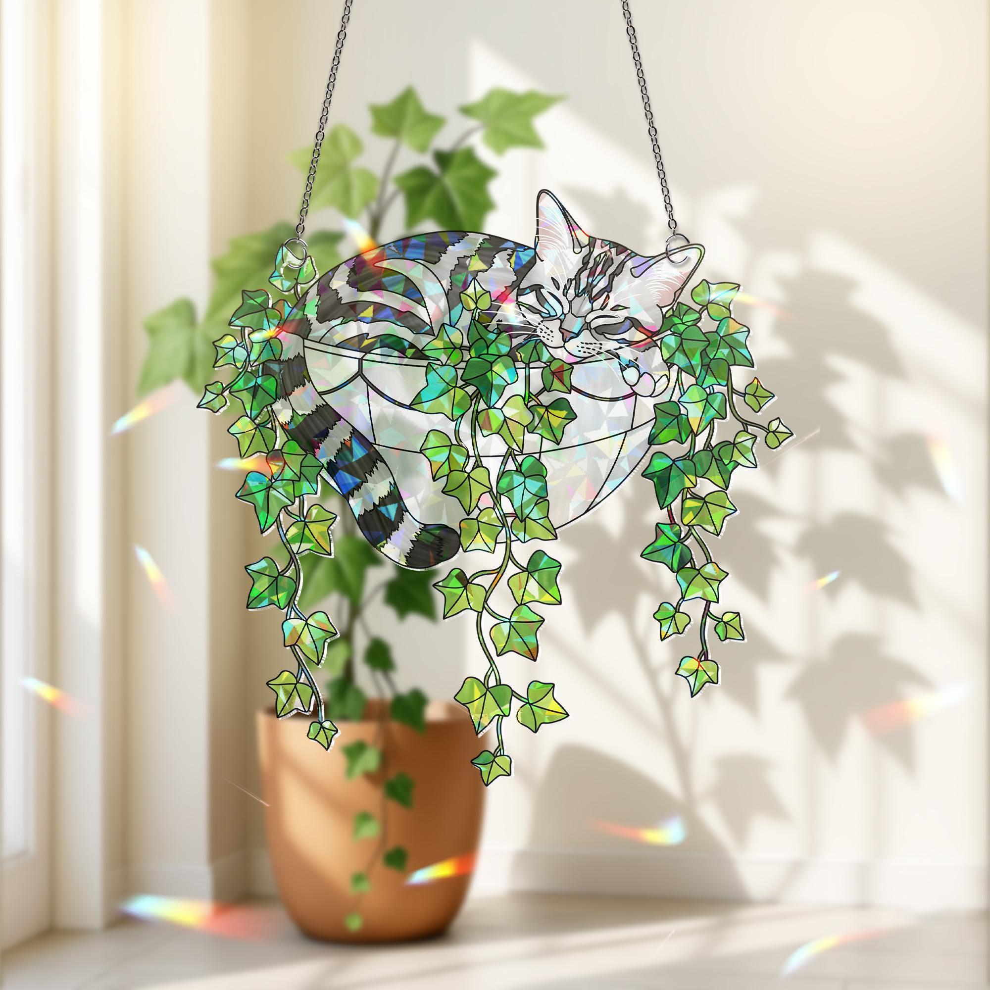 American Shorthair Cat Sleeping in Ivy Hologram Acrylic Window Hanging image 1