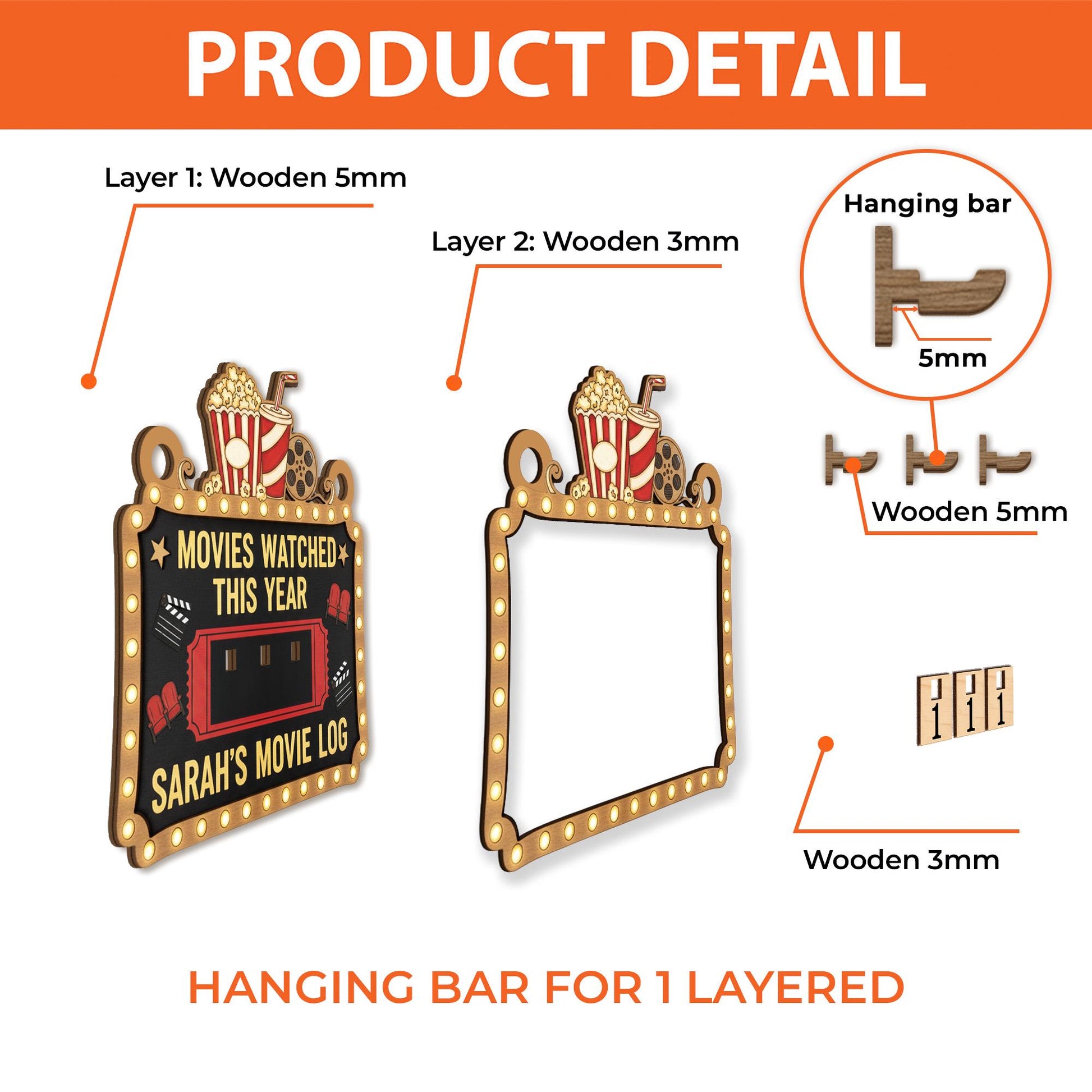 Wood Movie Tracker, Movie Log Display Board, Film Count 2025 Decor image 6