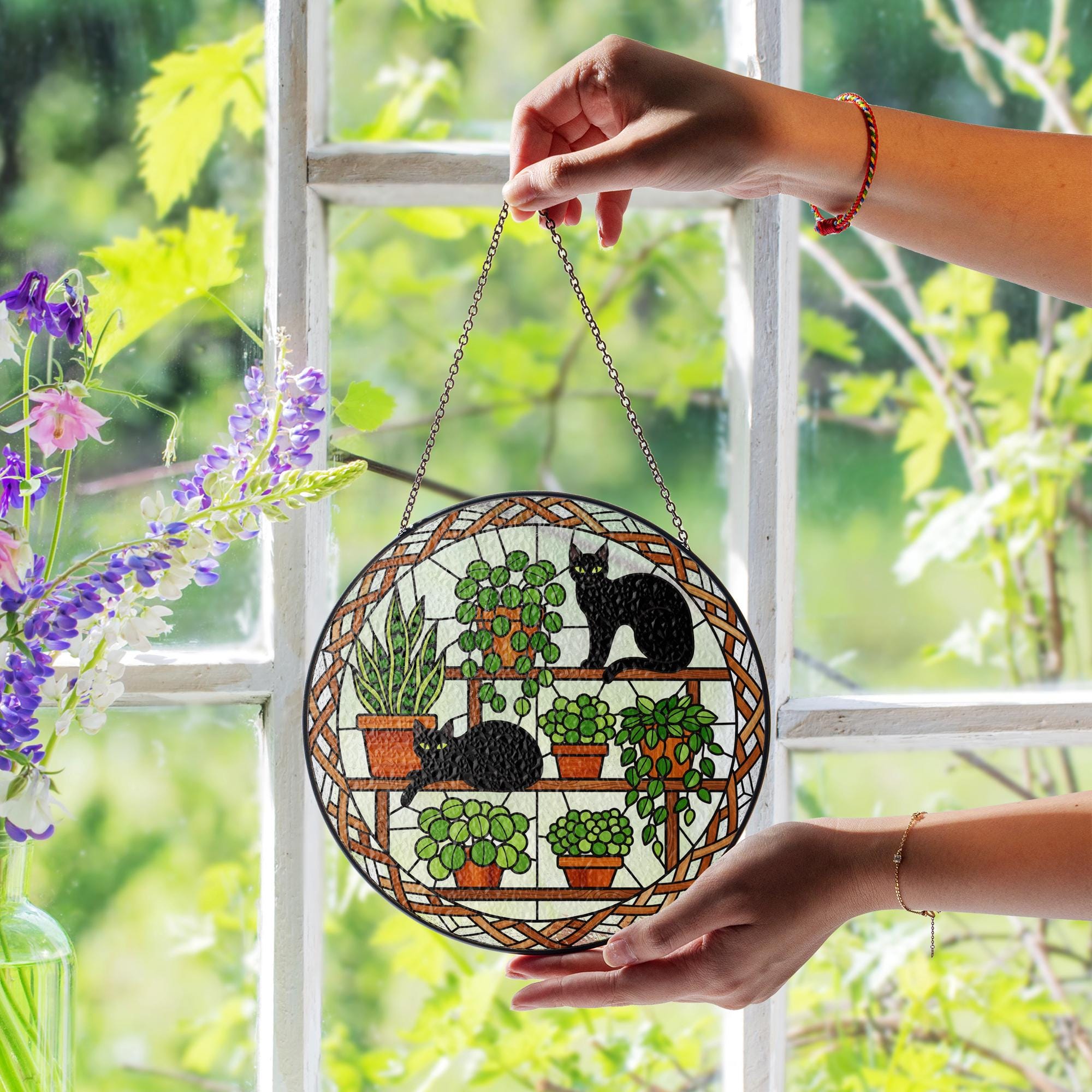Black Cat and Plants Glass Suncatcher: Glass Window Hanging Decor image 2