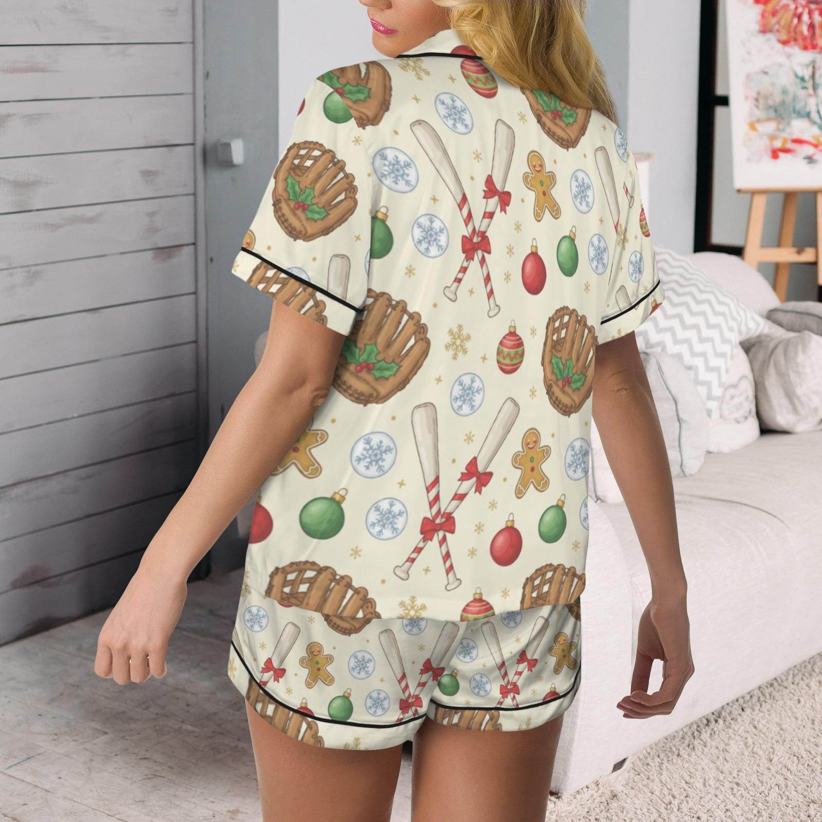 Satin Pajama Set Baseball: Christmas Gingerbread Short Sleeve & Long Sleeve image 2