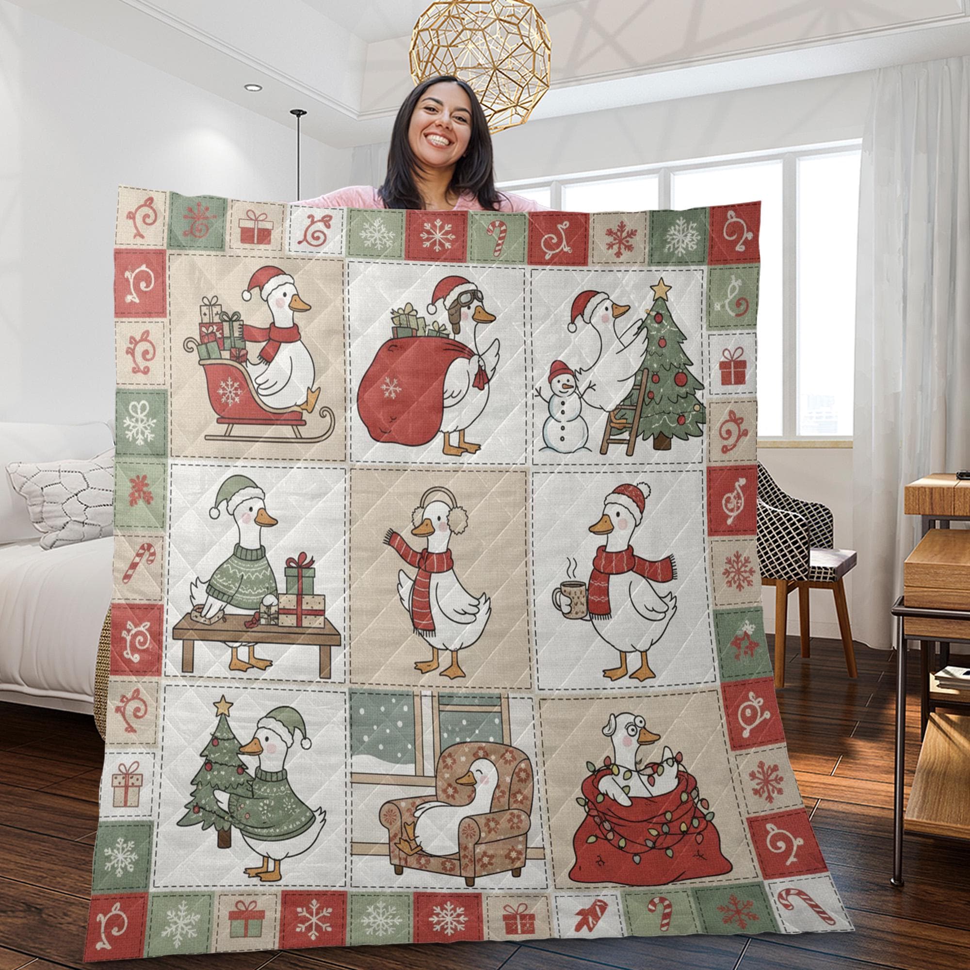 Quilted Blanket: Christmas Goose Decor, Holiday Patchwork Throw, Farmhouse Bedding image 2