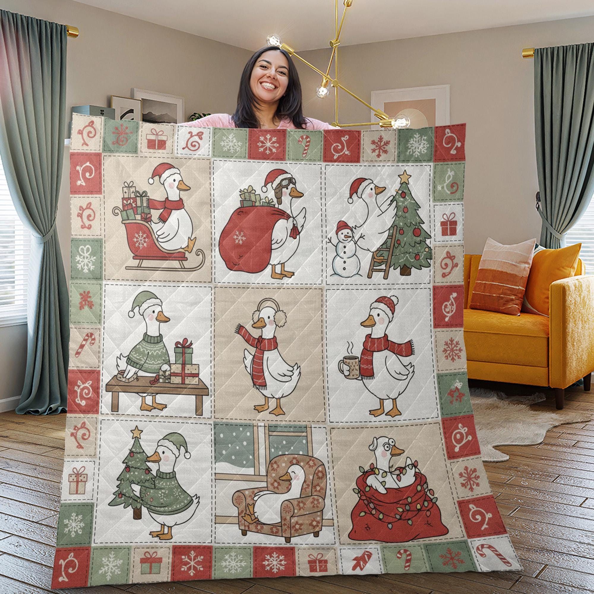 Quilted Blanket: Christmas Goose Decor, Holiday Patchwork Throw, Farmhouse Bedding image 1