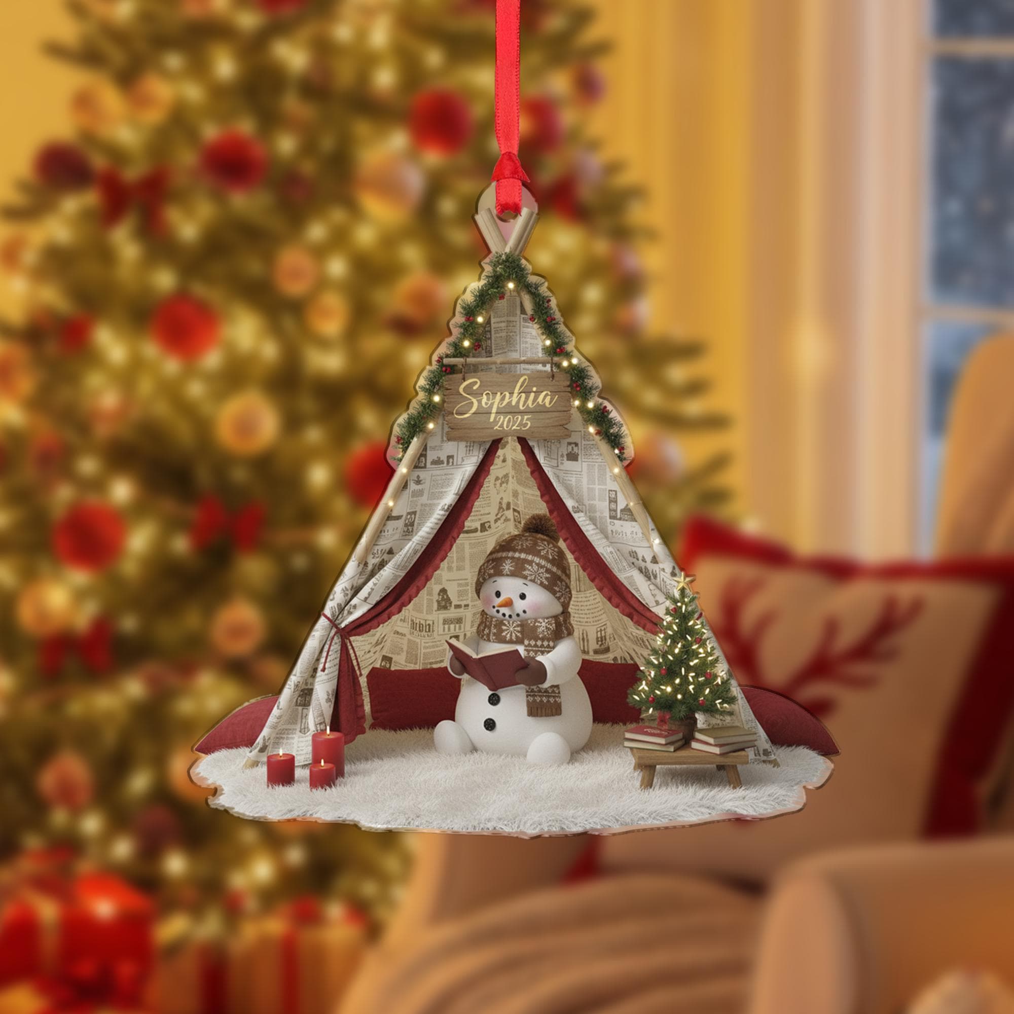Personalized Acrylic Ornament: Christmas Decor, Reading Snowman, Tent Diorama image 1