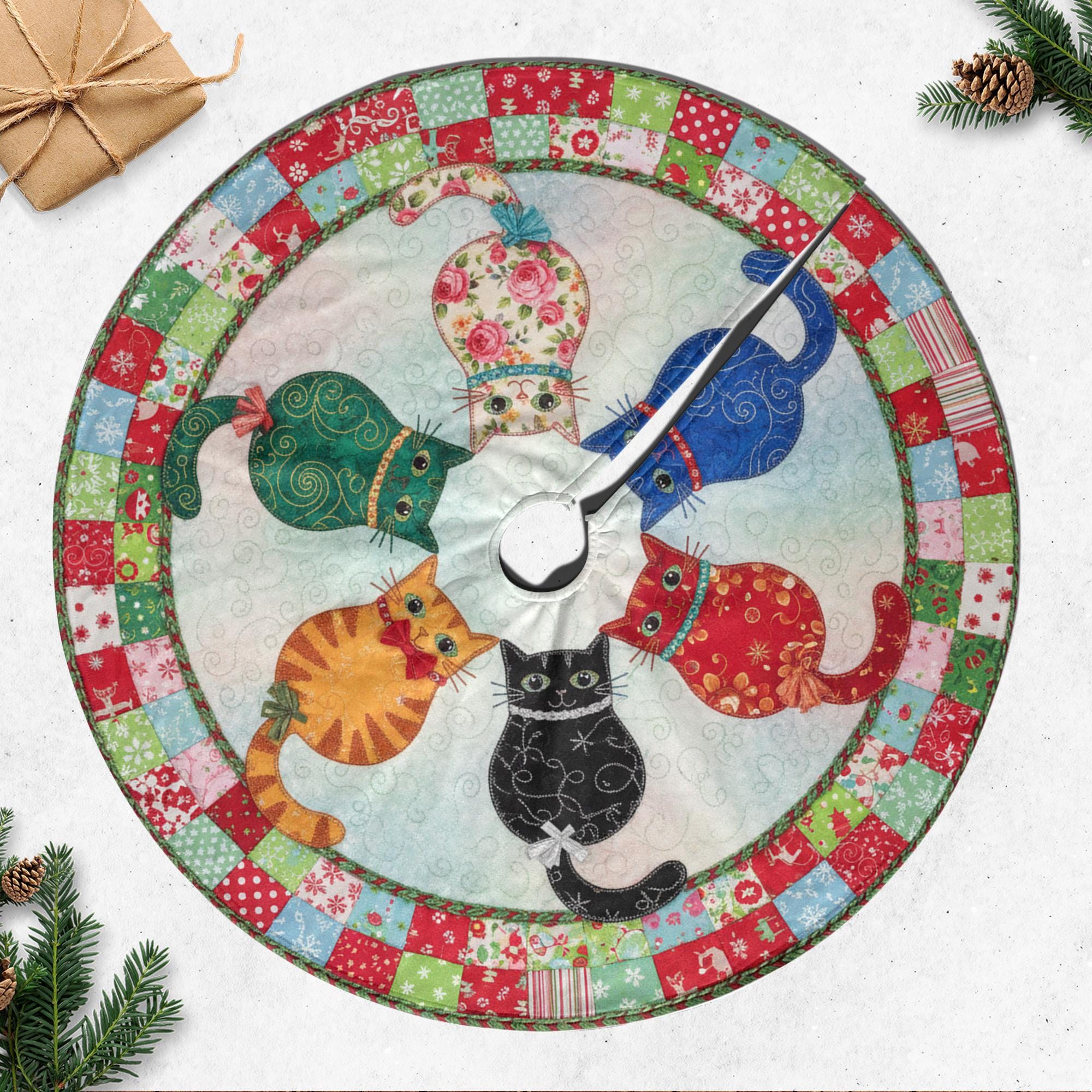 Cat Tree Skirt, Patchwork Christmas Decoration, Colorful Cat Pattern Holiday Decor image 2