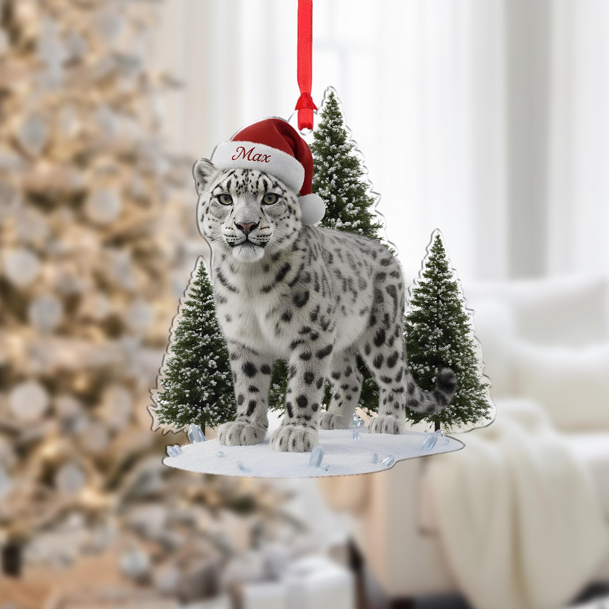 Personalized Snow Leopard Ornament: Custom Name, Acrylic Wildlife Memorial Gift image 2