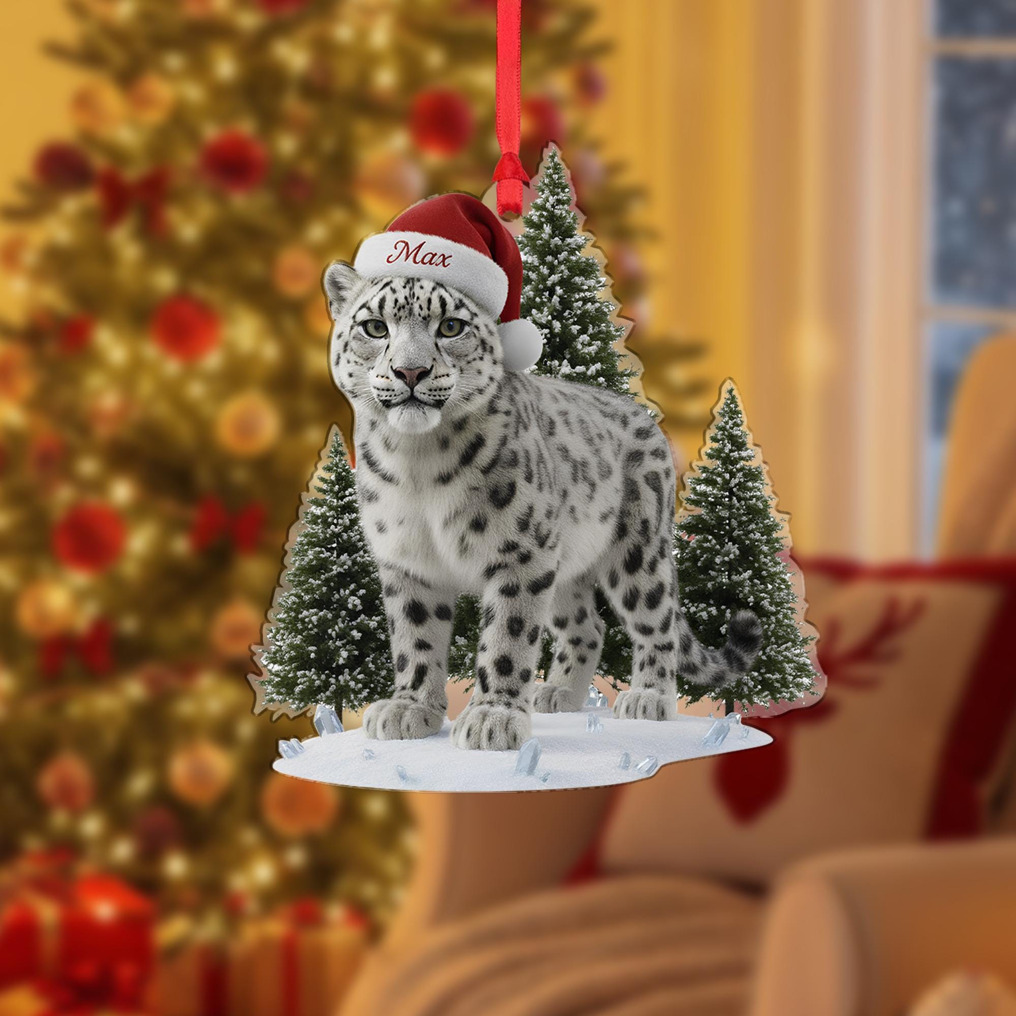 Personalized Snow Leopard Ornament: Custom Name, Acrylic Wildlife Memorial Gift image 1