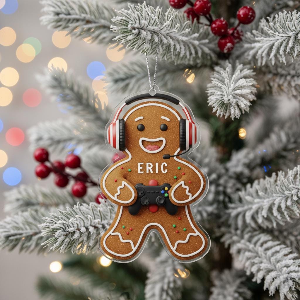Custom Gamer Gingerbread Ornament, Personalized Name Ornament, Gaming Controller Decor image 1