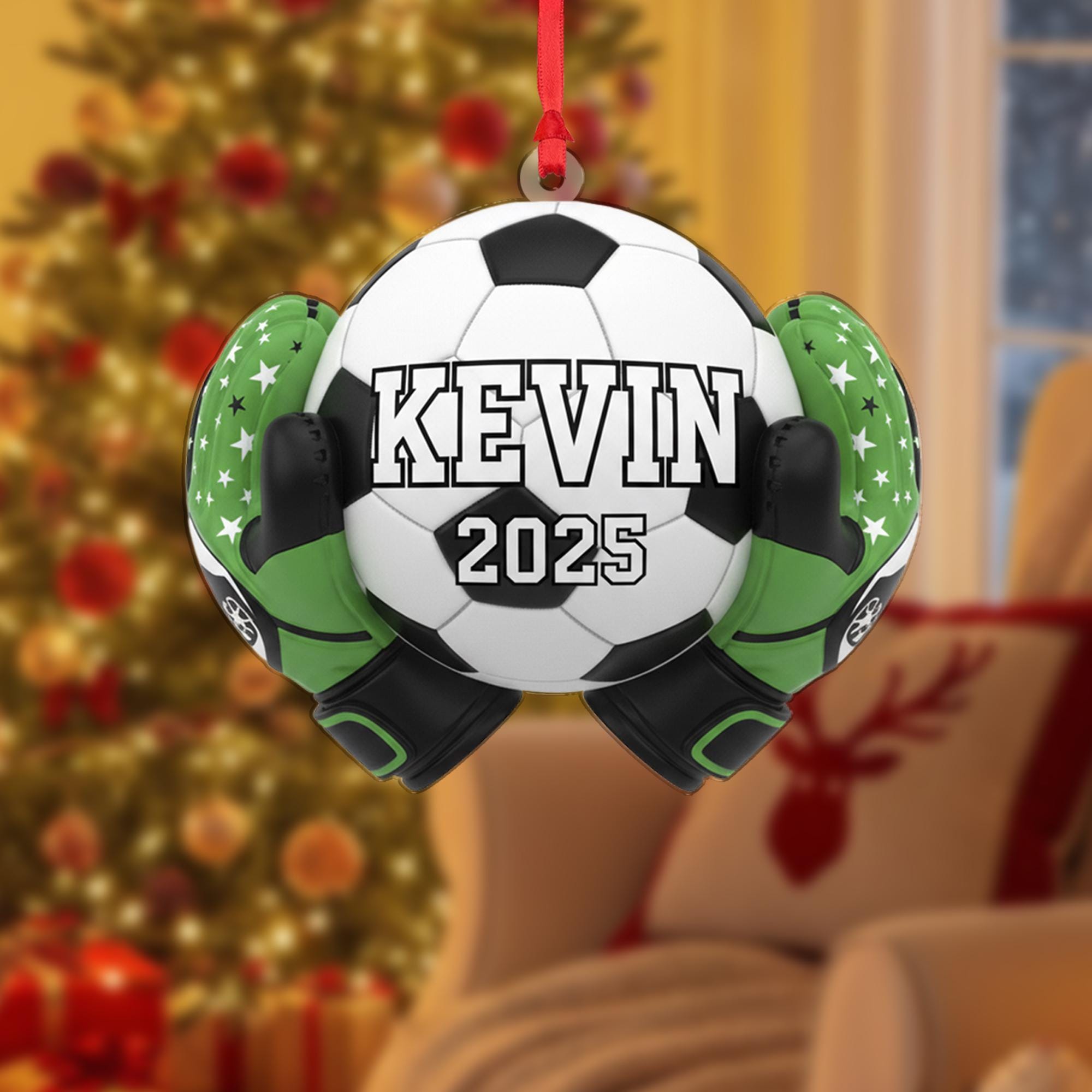 Personalized Soccer Goalie Ornament with Ball and Gloves Design, Custom Name and Year image 1