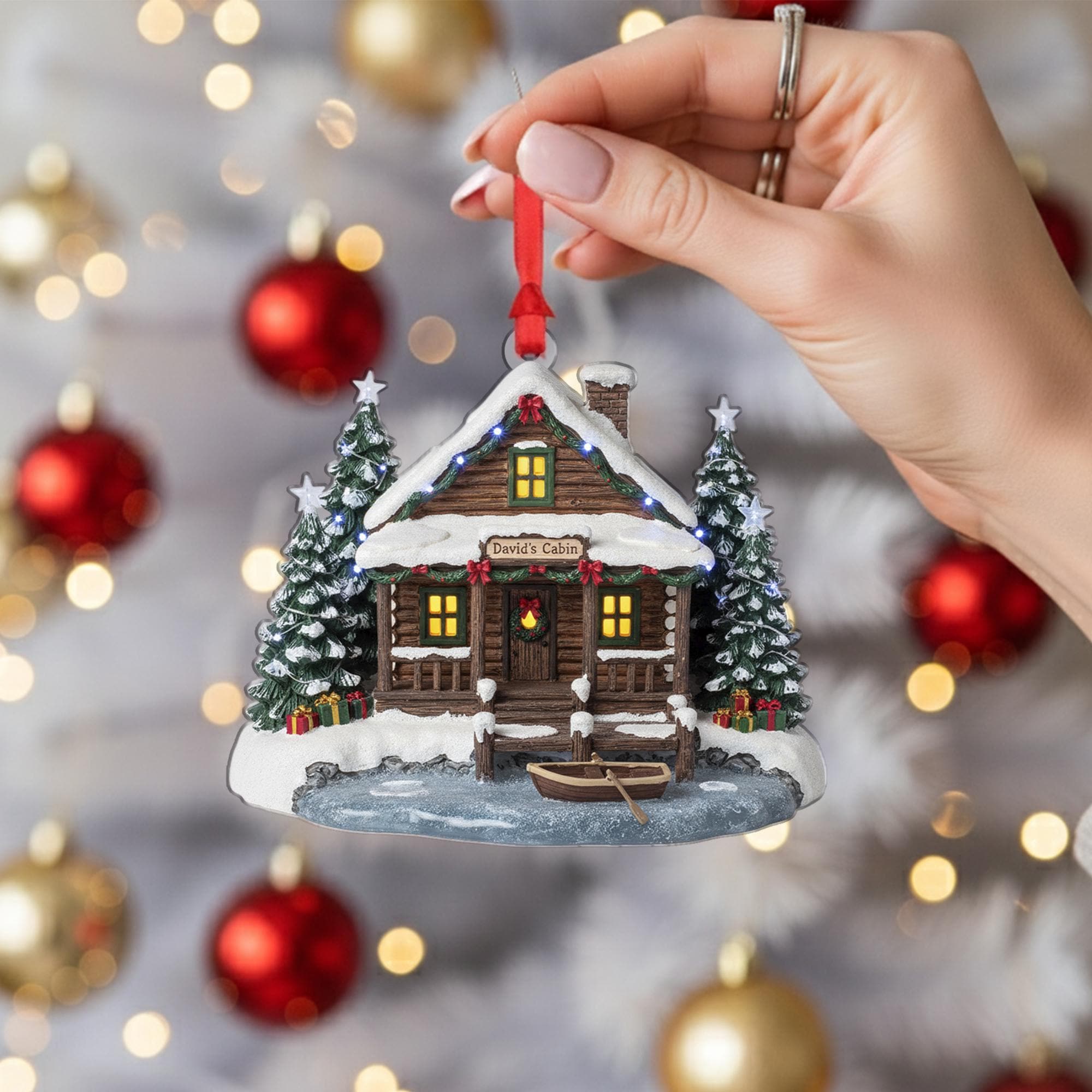 Rustic Log Cabin Ornament: Personalized Christmas Decor, Snowy Cabin Keepsake image 6