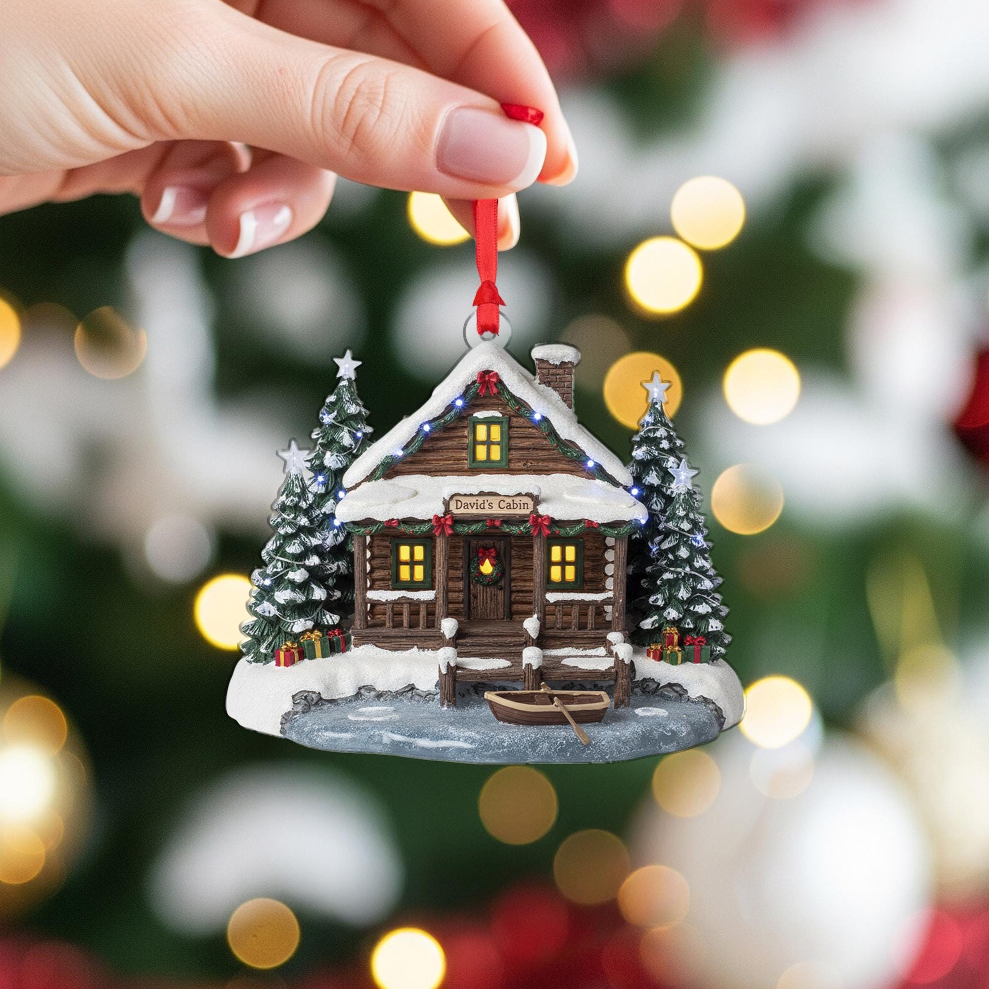 Rustic Log Cabin Ornament: Personalized Christmas Decor, Snowy Cabin Keepsake image 5