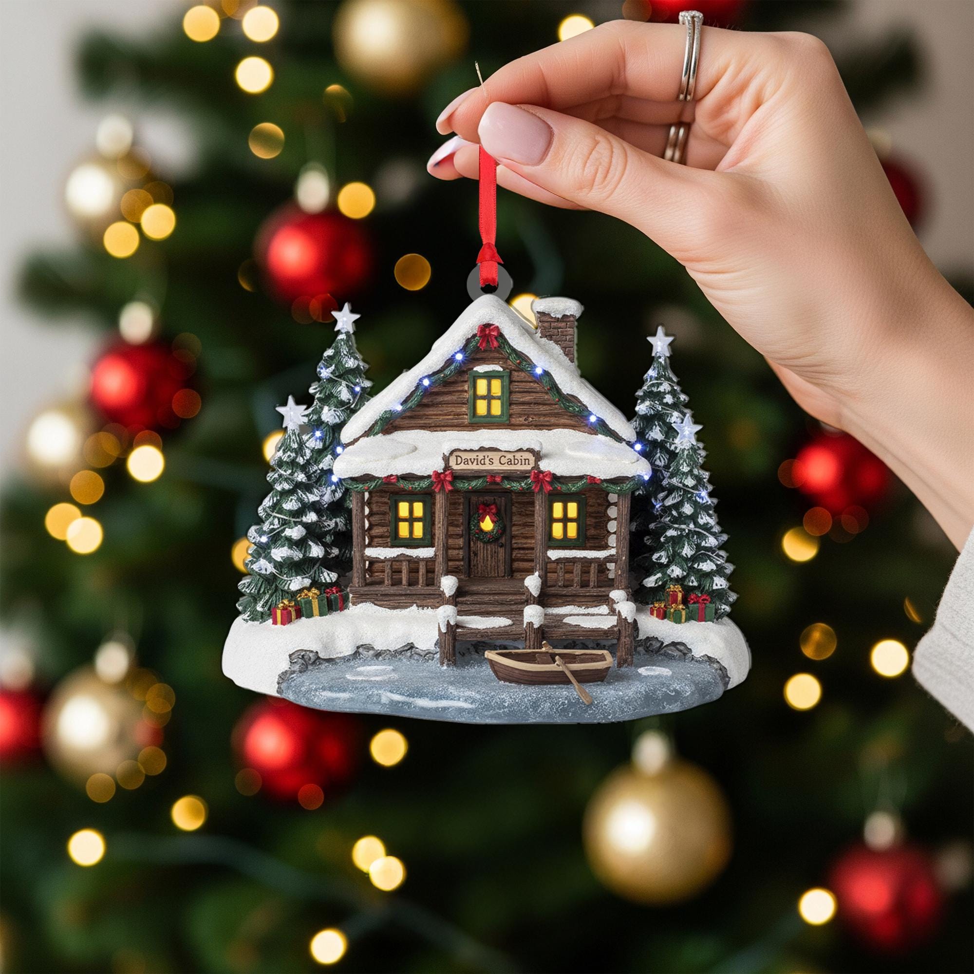 Rustic Log Cabin Ornament: Personalized Christmas Decor, Snowy Cabin Keepsake image 7