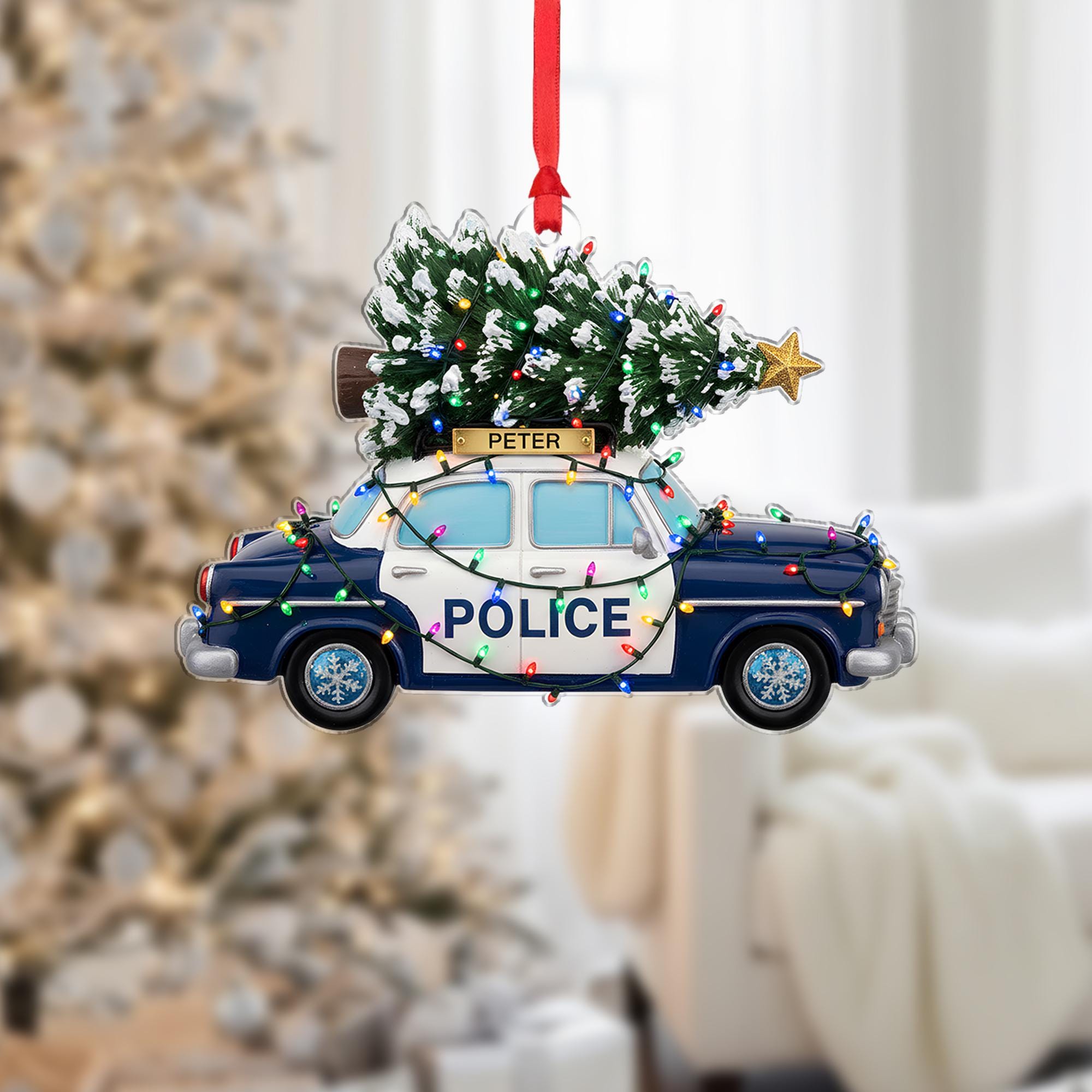 Personalized Police Car Ornament with Christmas Tree and Holiday Lights, Custom Name Design image 2