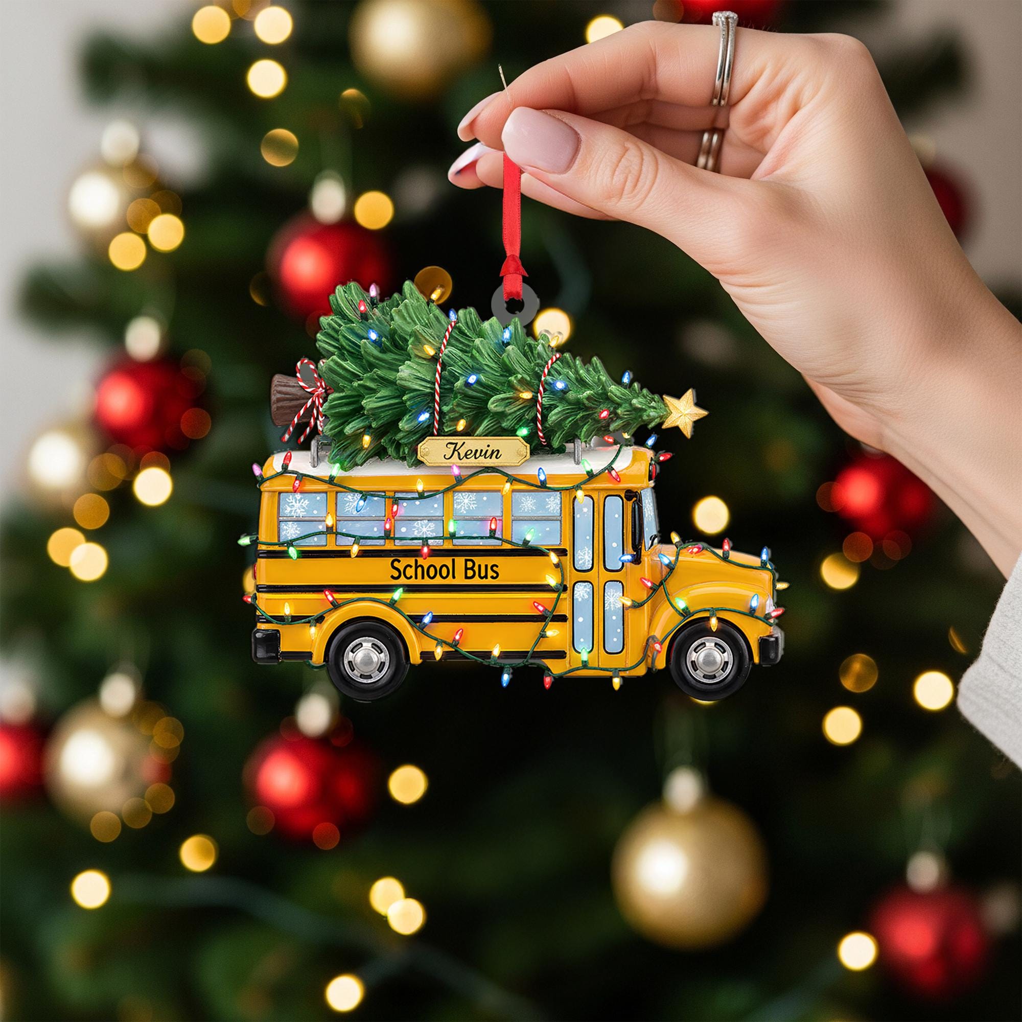 Personalized School Bus Ornament with Christmas Tree and Holiday Lights, Custom Name Design image 2