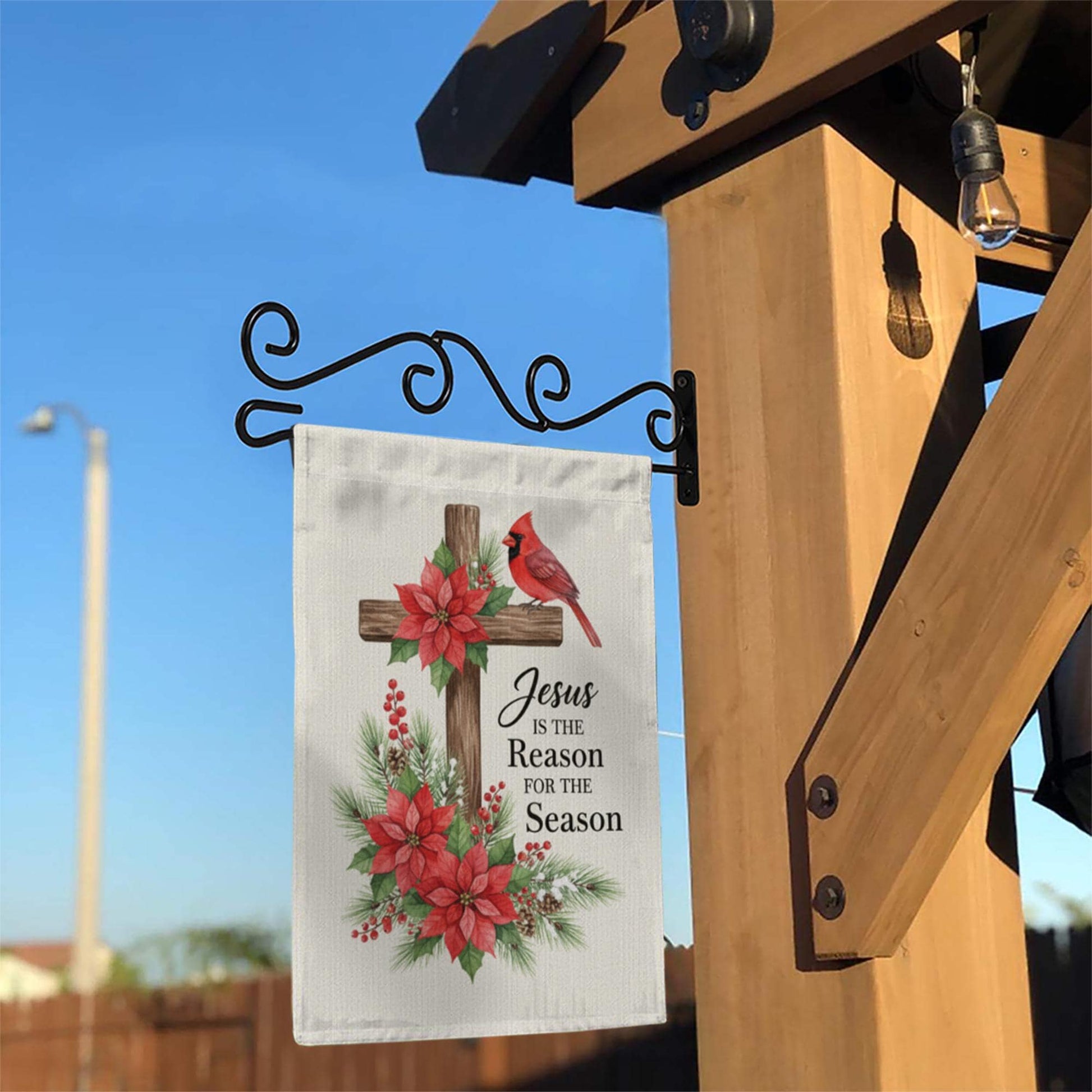 Christian Christmas Garden Flag with Cross and Poinsettias and Cardinal Design image 2