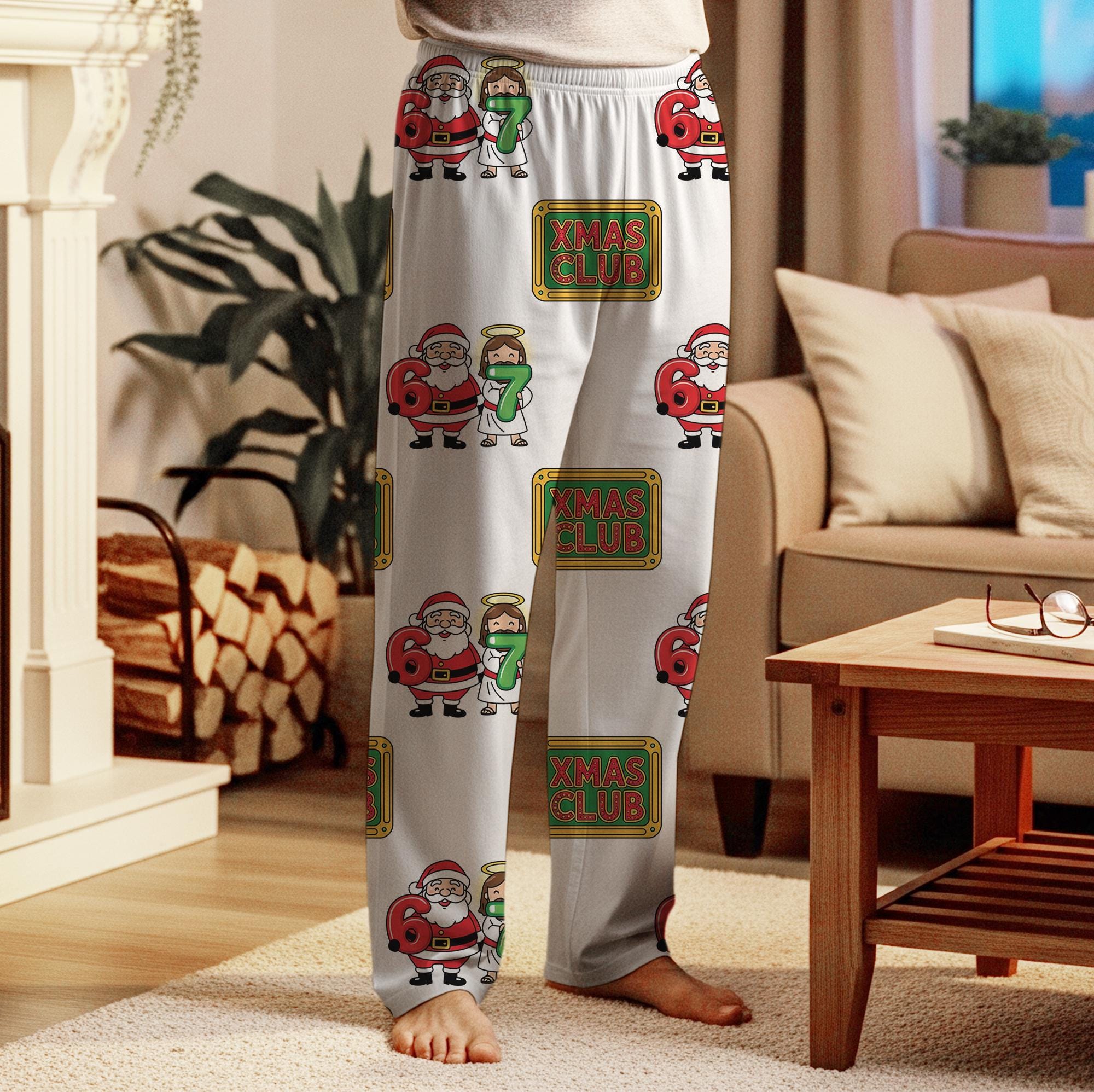 Personalized Six Seven Pajama Pants: 67 Funny Santa Jesus Print, Xmas Club Sign image 5