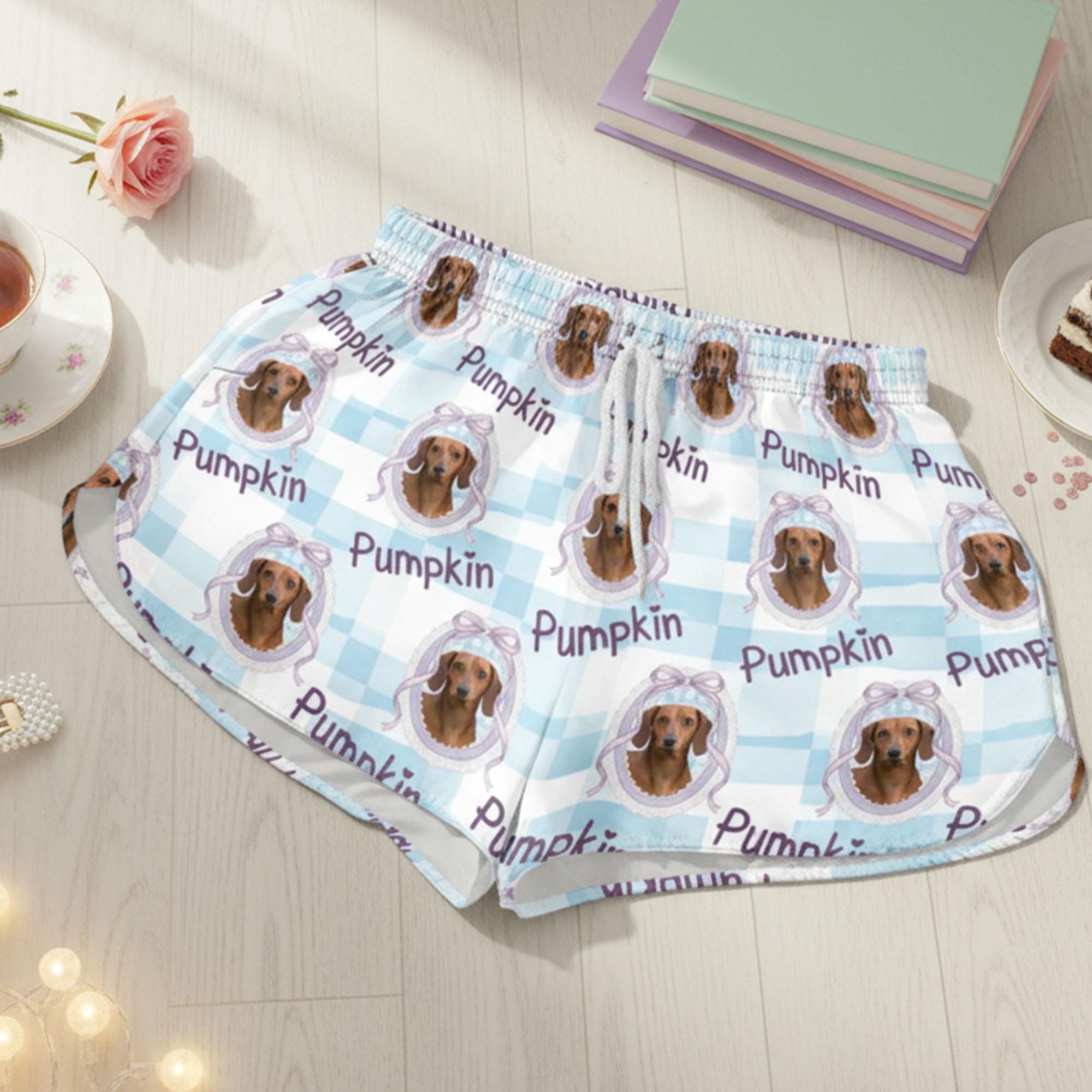 Custom Pet Photo Board Shorts for Women: Dog Cat Face Gingham Shorts image 1