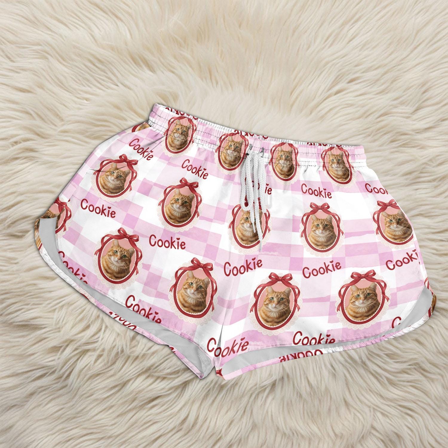 Custom Pet Photo Board Shorts for Women: Dog Cat Face Gingham Shorts image 2
