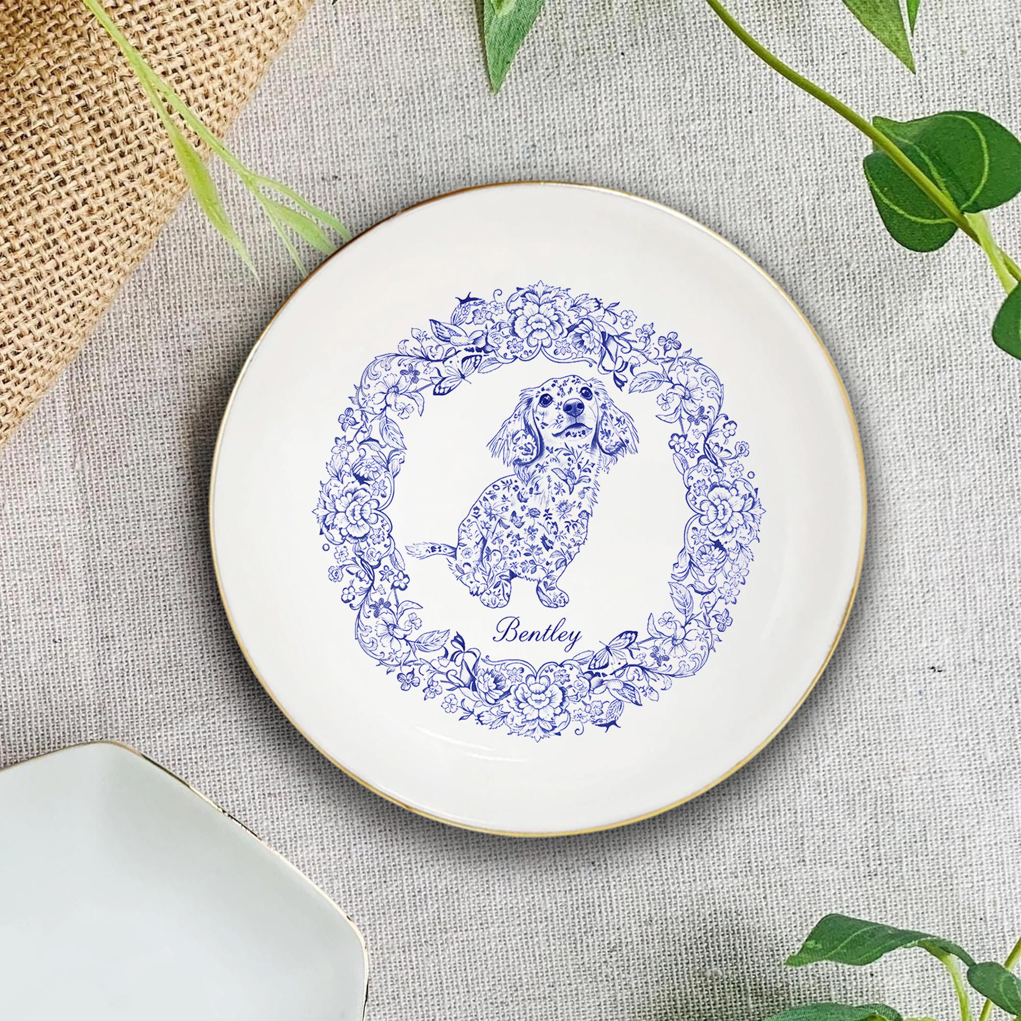 Custom Dog Portrait Jewelry Tray, Floral Toile de Jouy Ceramic Ring Dish image 2