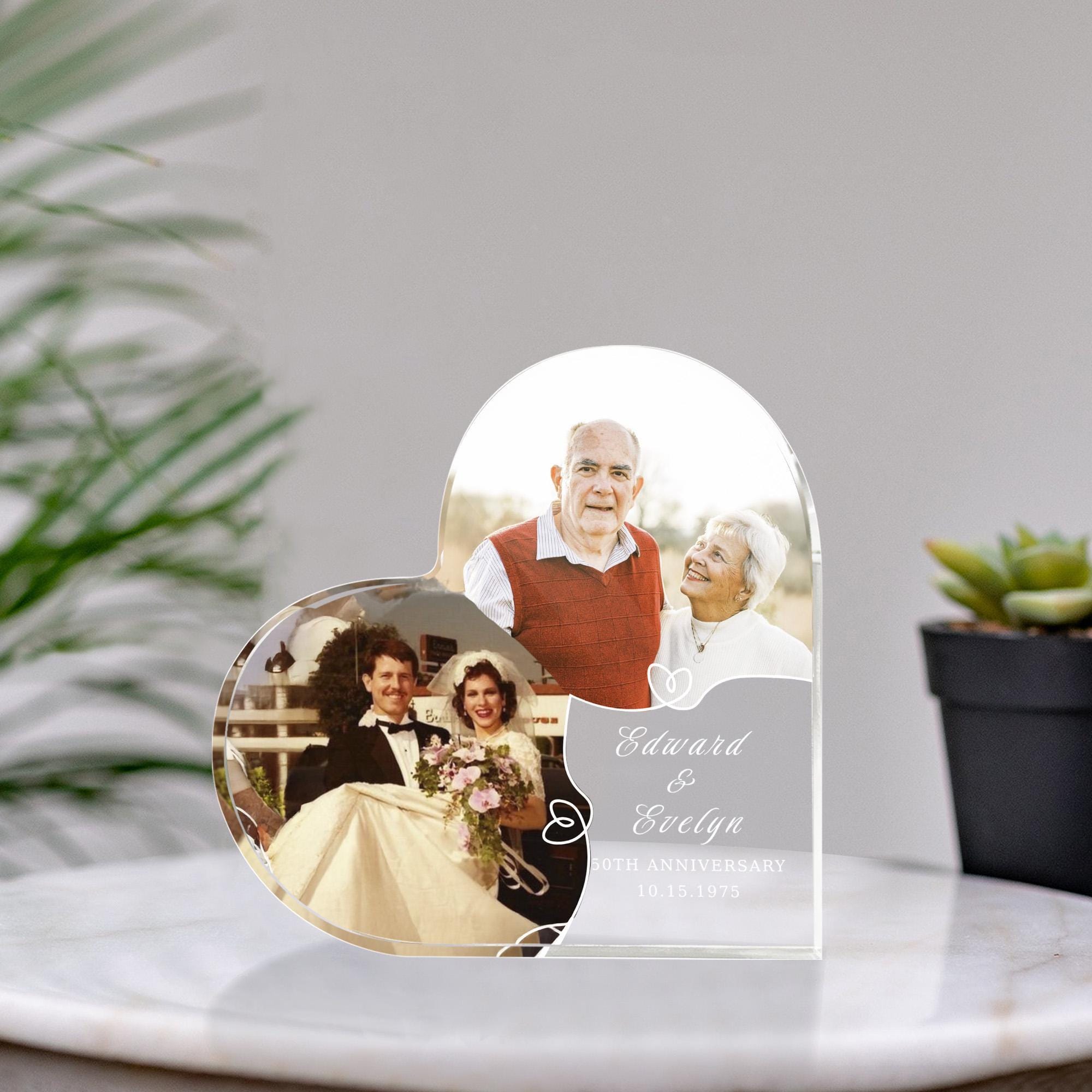 Personalized Anniversary Acrylic Block, Two Photo Collage with Names and Date image 1