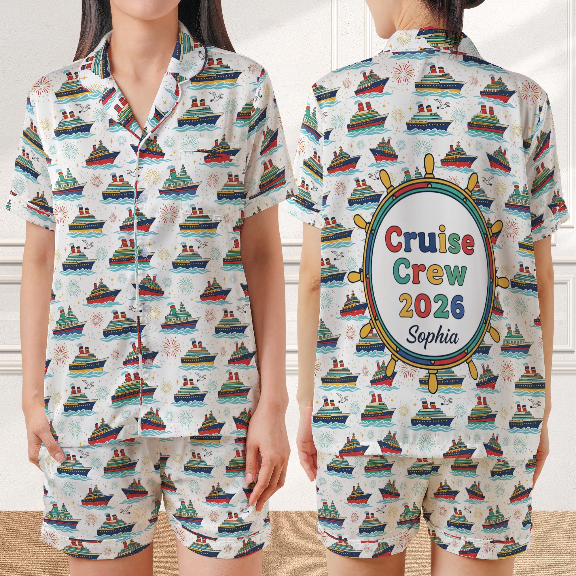 Personalized Satin Pajama Set: Cruise Crew 2026 Ship Wheel Design Button Down Short Sleeve image 1